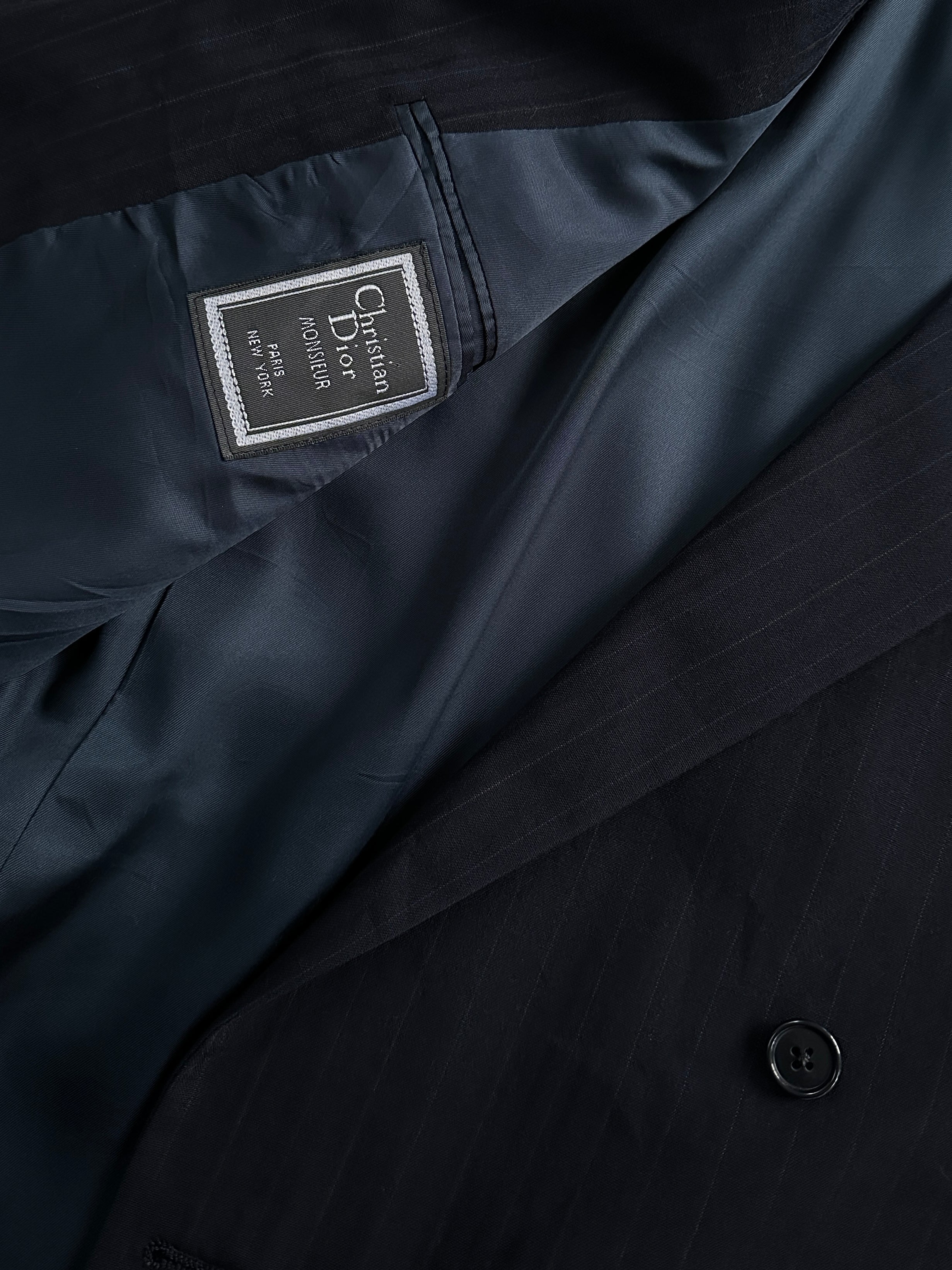 Christian Dior Monsieur 1980s striped double-breasted blazer in size 40R/L, featuring classic tailored design and bold stripe pattern.