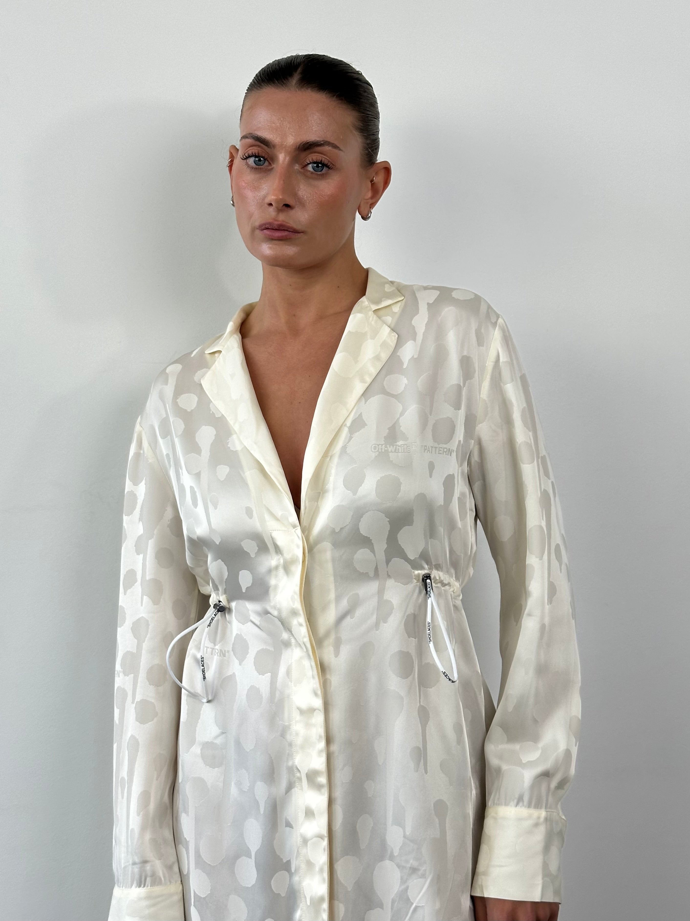 Off-White two-piece cami and shirt dress set in pattern, featuring a stylish, casual design with a relaxed fit.