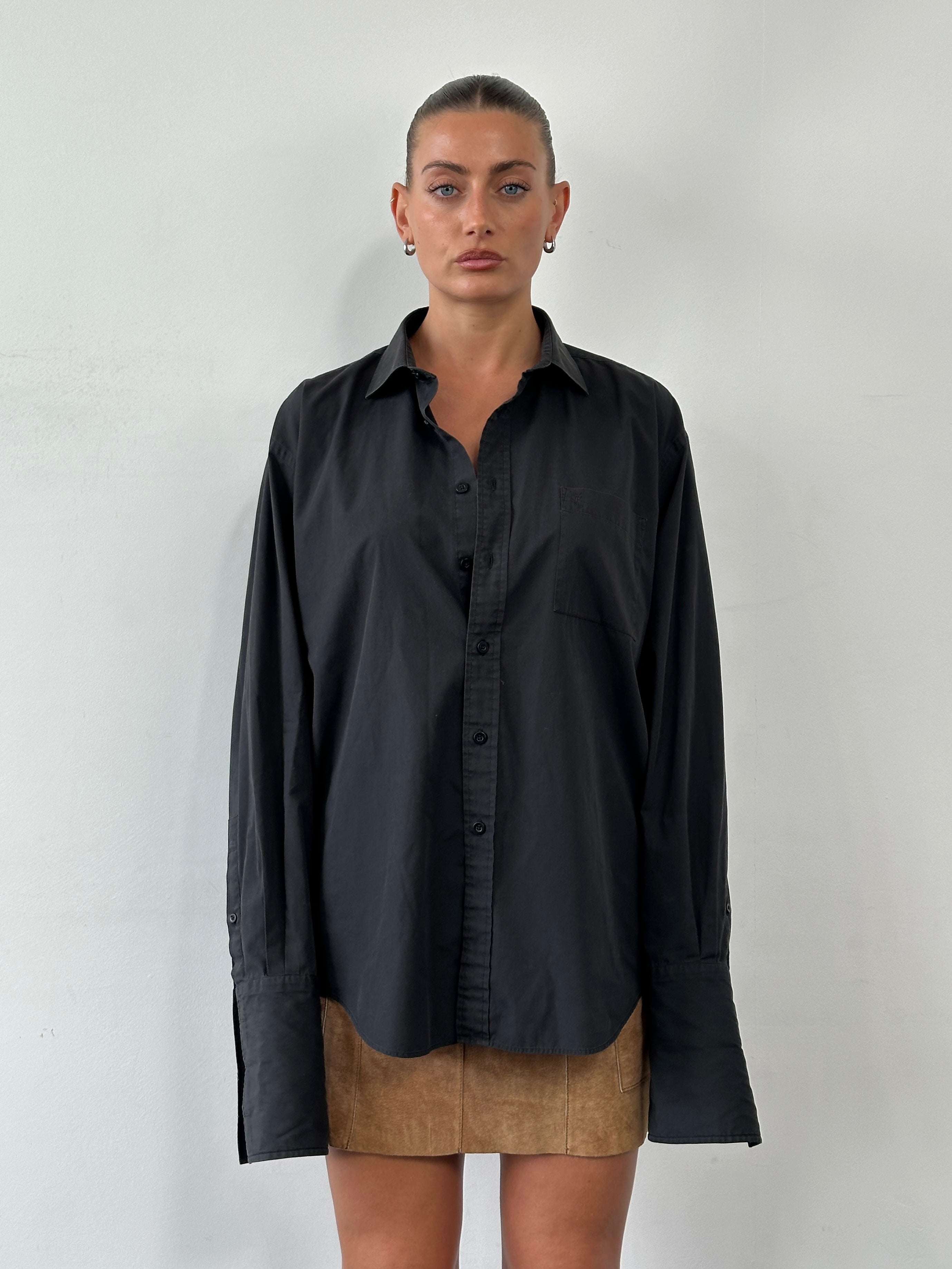 Yves Saint Laurent Pour Homme cotton logo dress shirt in size L, shown with classic collar and button front.