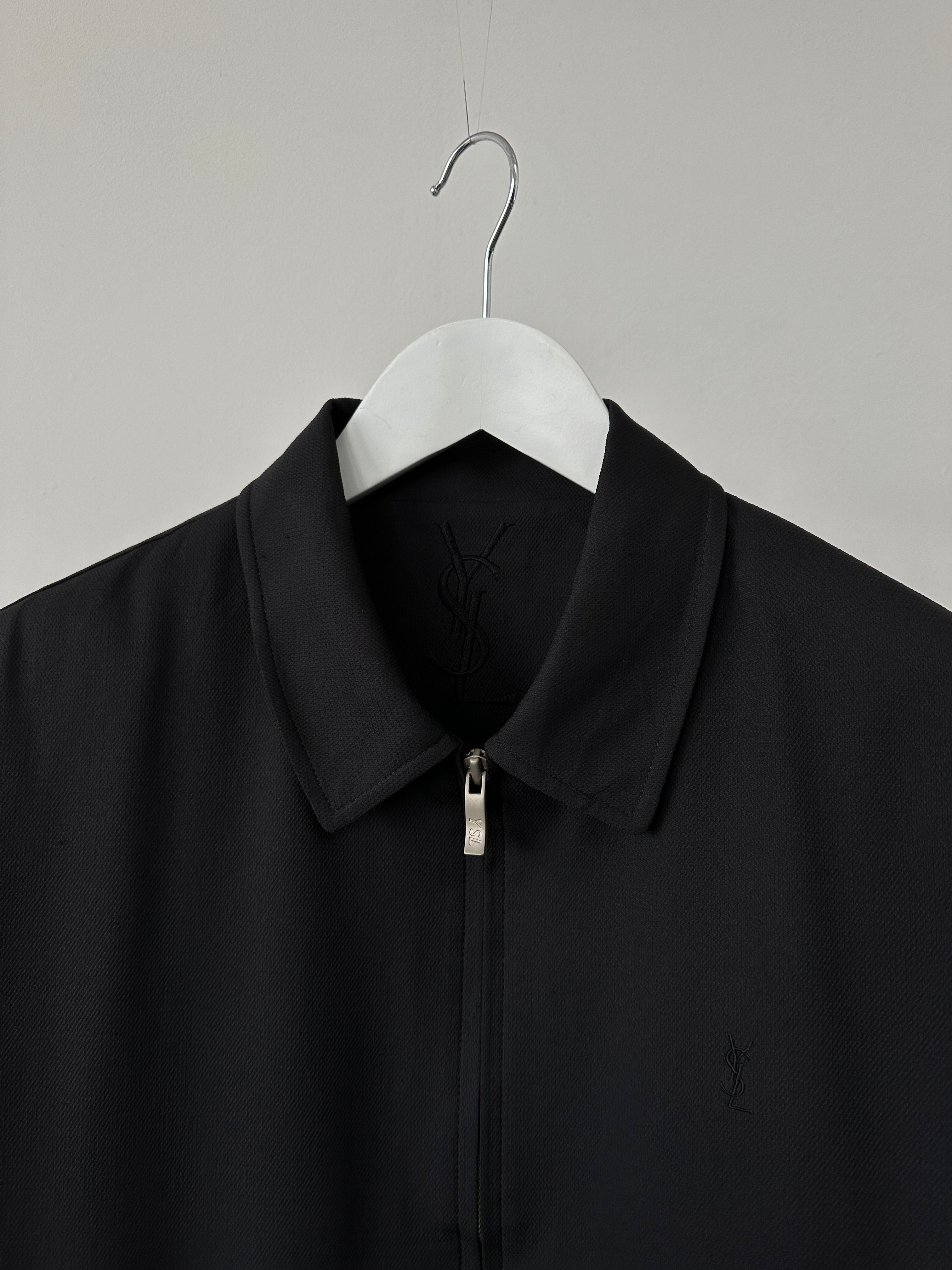 Yves Saint Laurent Pour Homme logo bomber jacket in black, men's stylish jacket with logo detail, front view, size M