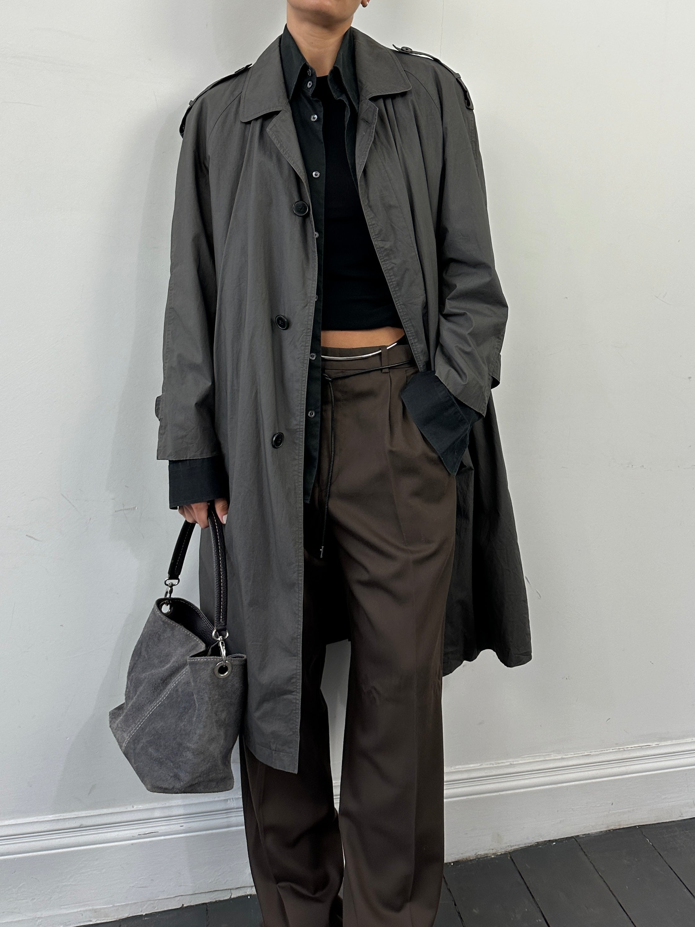 Yves Saint Laurent Pour Homme pure cotton trench coat with concealed placket, in M/L size, shown on a hanger.