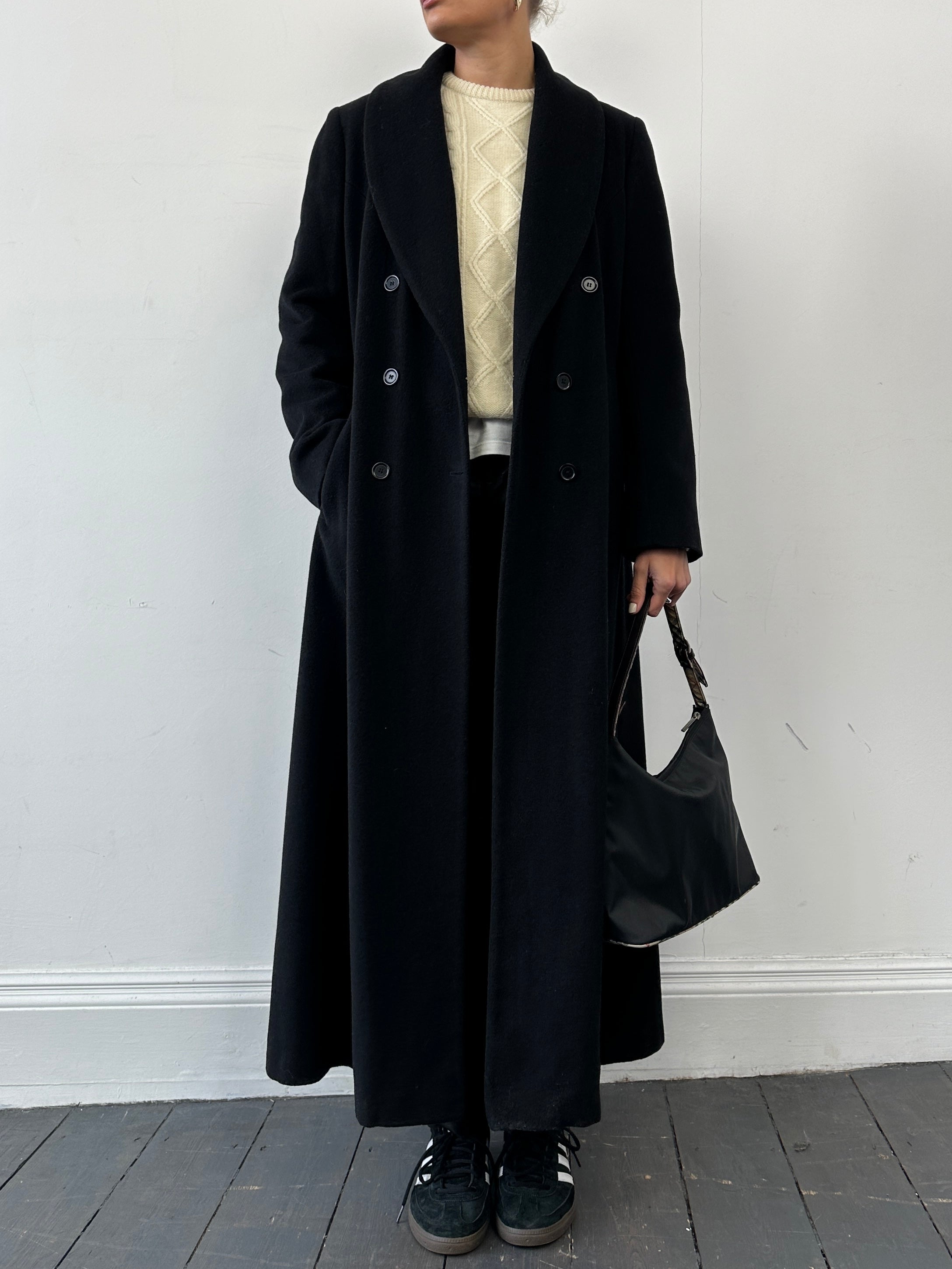 Vintage wool cashmere double-breasted floor-length coat in size M, featuring classic design and textured fabric.