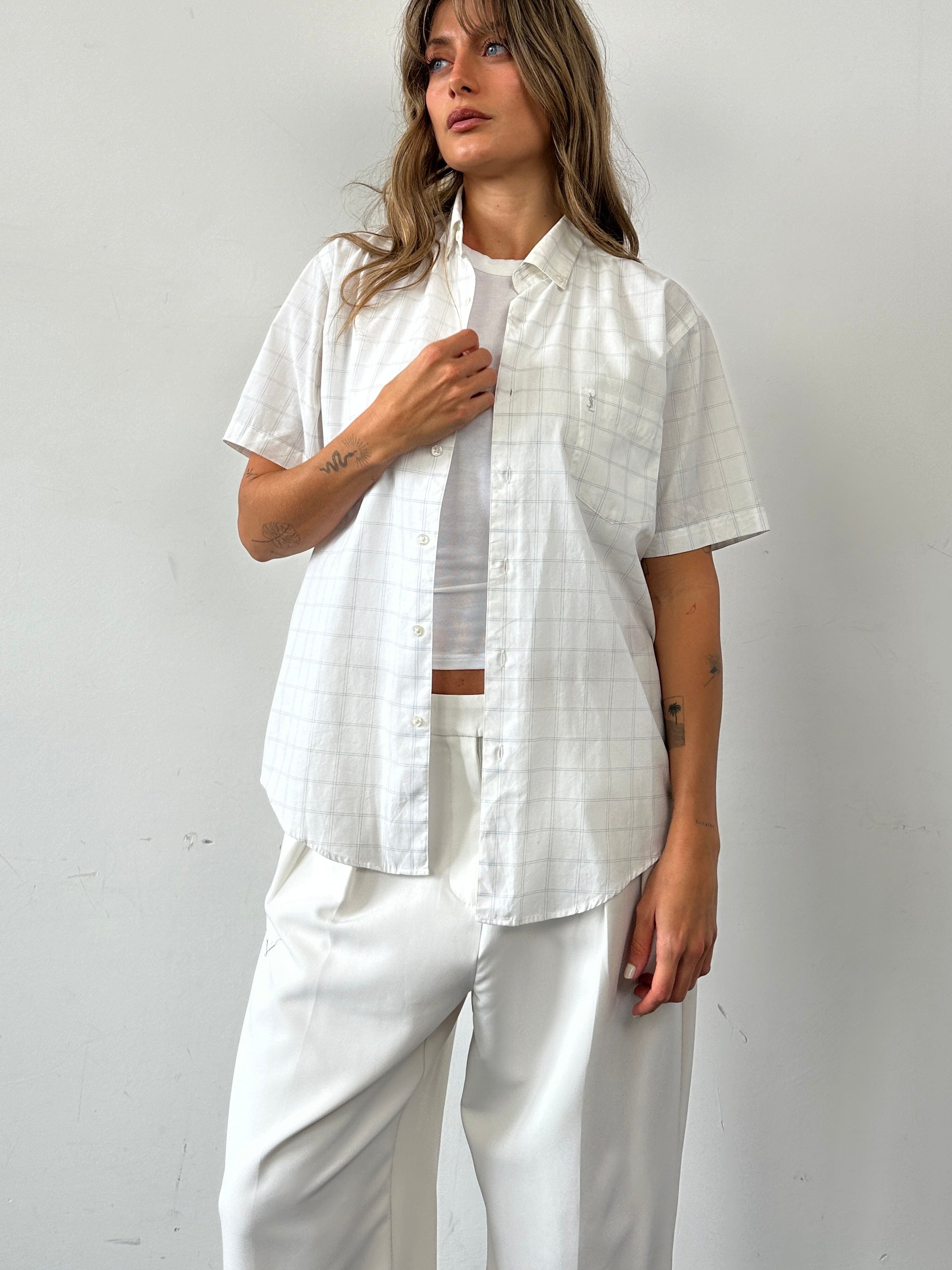 Yves Saint Laurent cotton check logo shirt in size M, featuring a classic check pattern and iconic YSL branding.