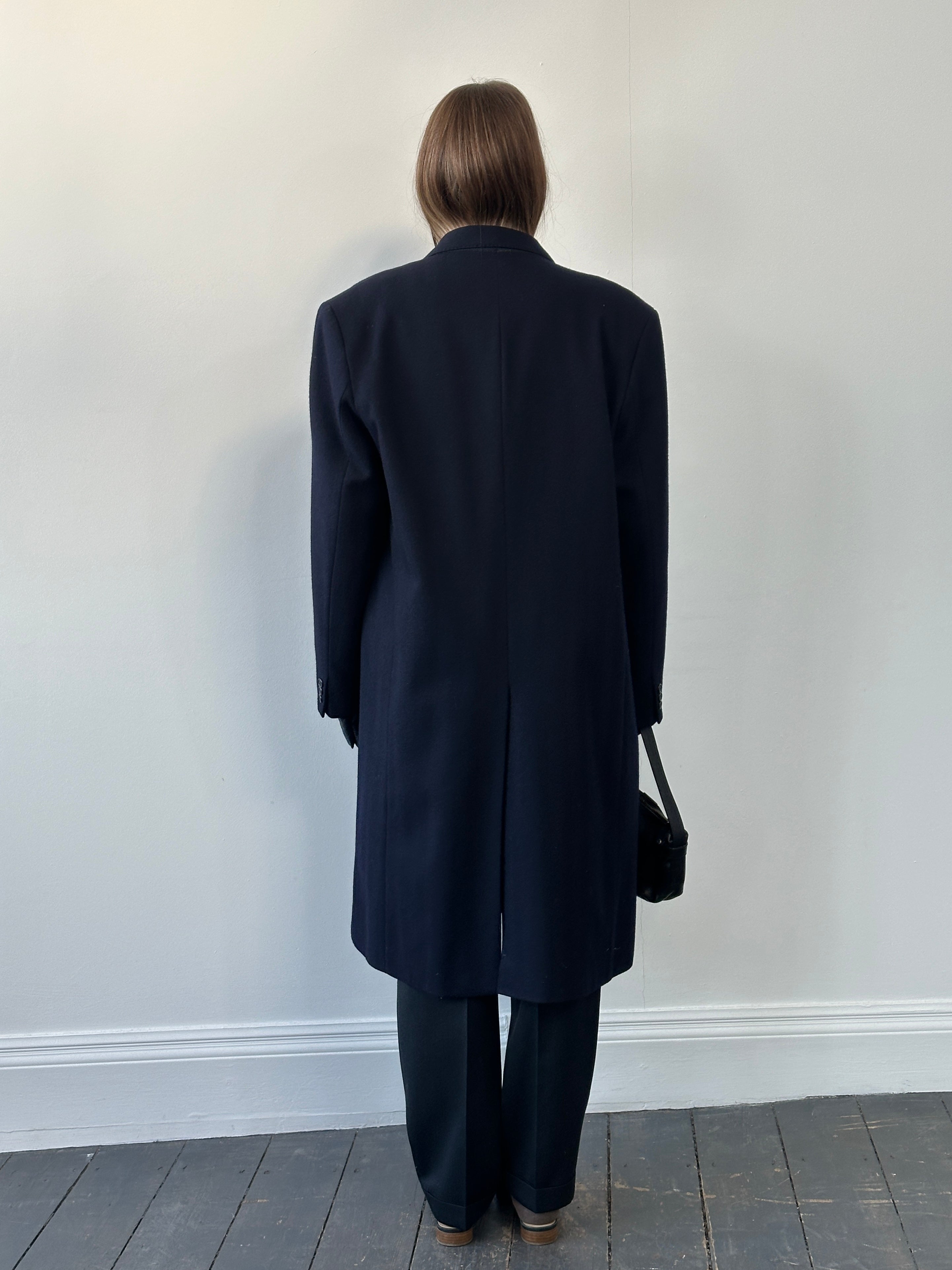 Pierre Cardin 1990s pure wool coat with concealed placket in XL/XXL size, featuring a classic tailored design and neutral color.