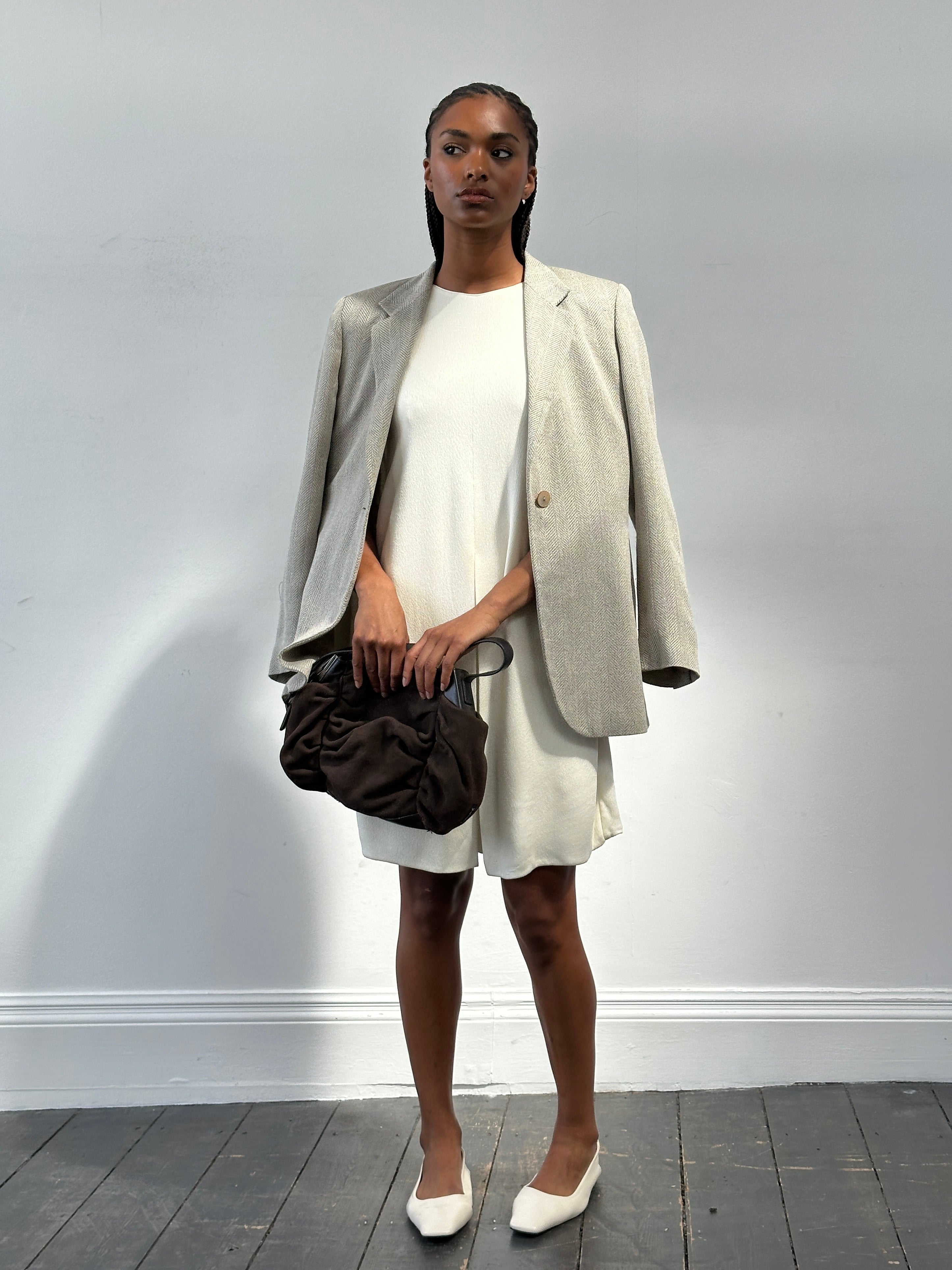 Max Mara relaxed single-button herringbone blazer in S/M, tailored fit with classic lapel design and versatile style.