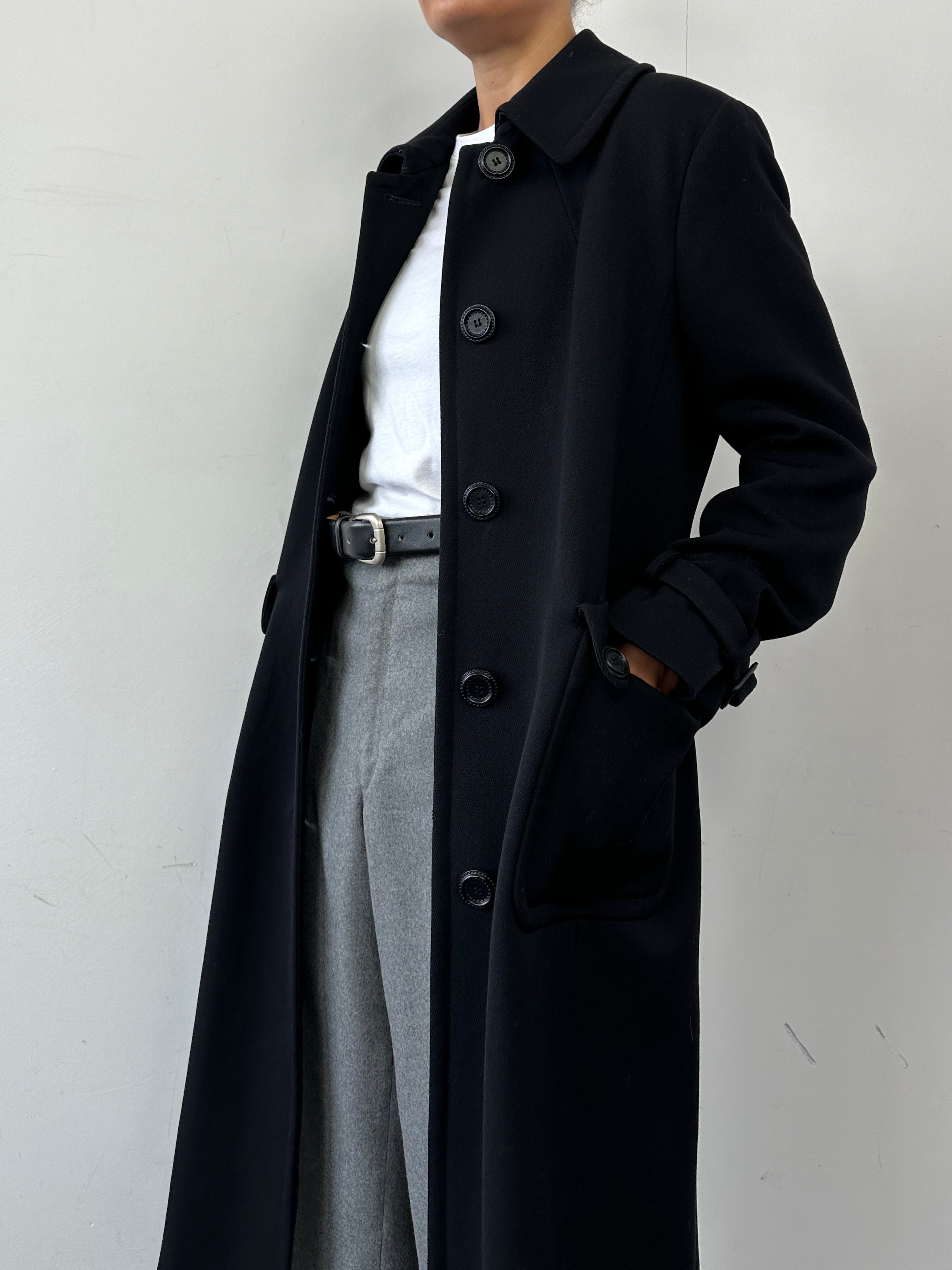 Marella Pure Virgin Wool single-breasted coat in S/M, navy blue, with classic lapel collar and tailored fit.