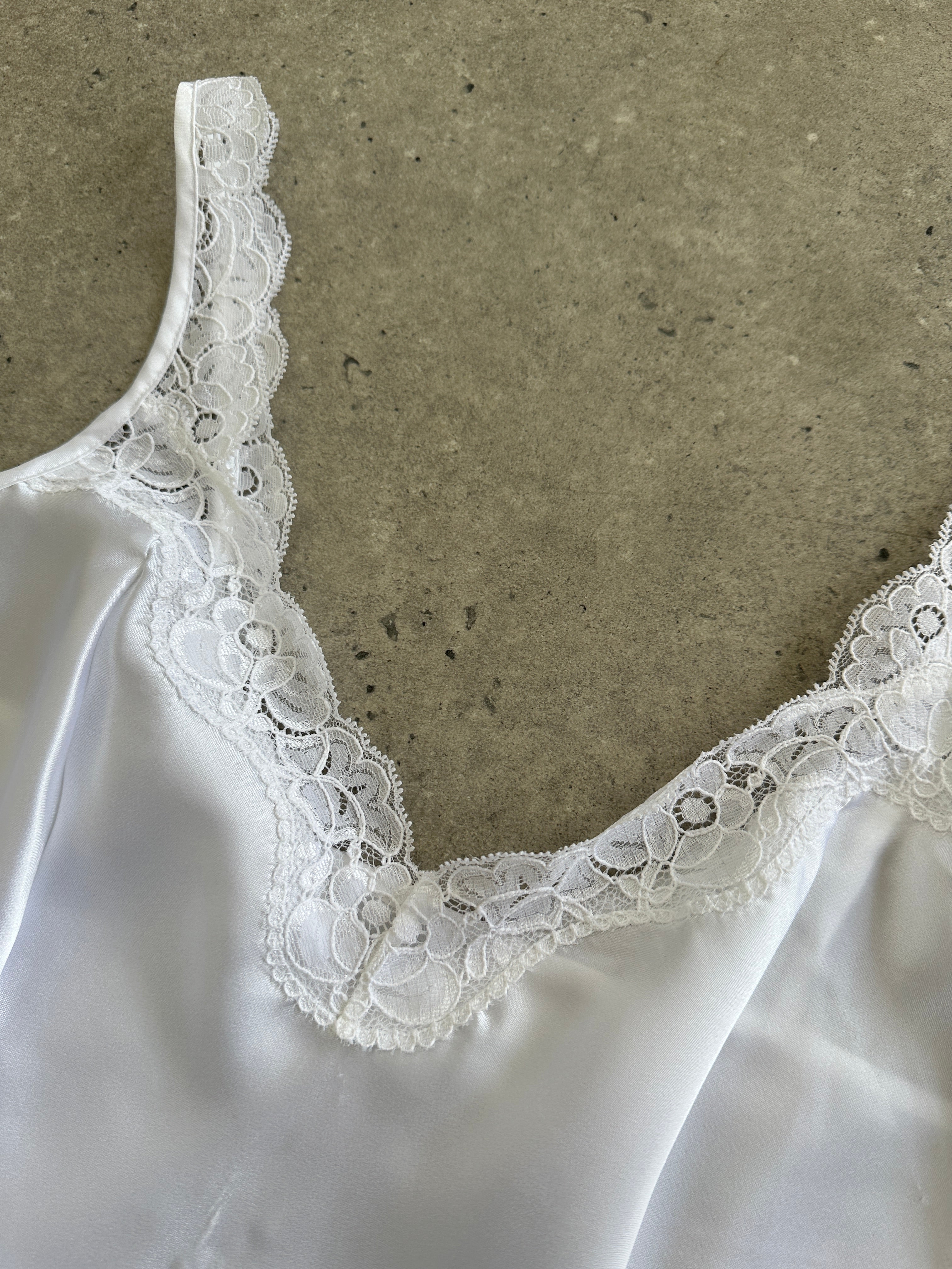 St Michael 90s satin lace cami top in size M, featuring delicate lace details and a shiny satin finish, displayed on a neutral background.