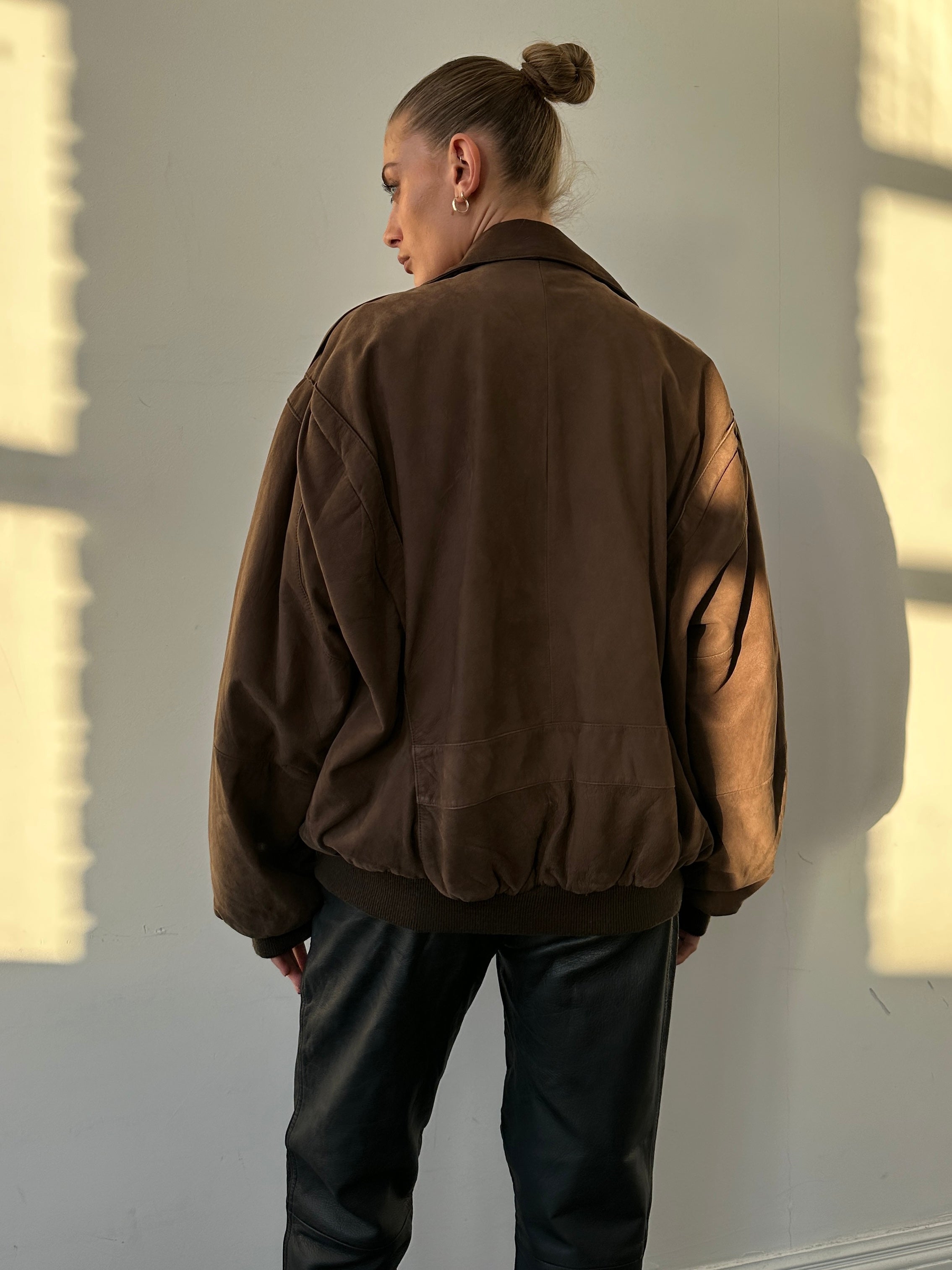 Vintage Nubuck Leather Bomber Jacket in size L, featuring classic design and soft textured leather front view.