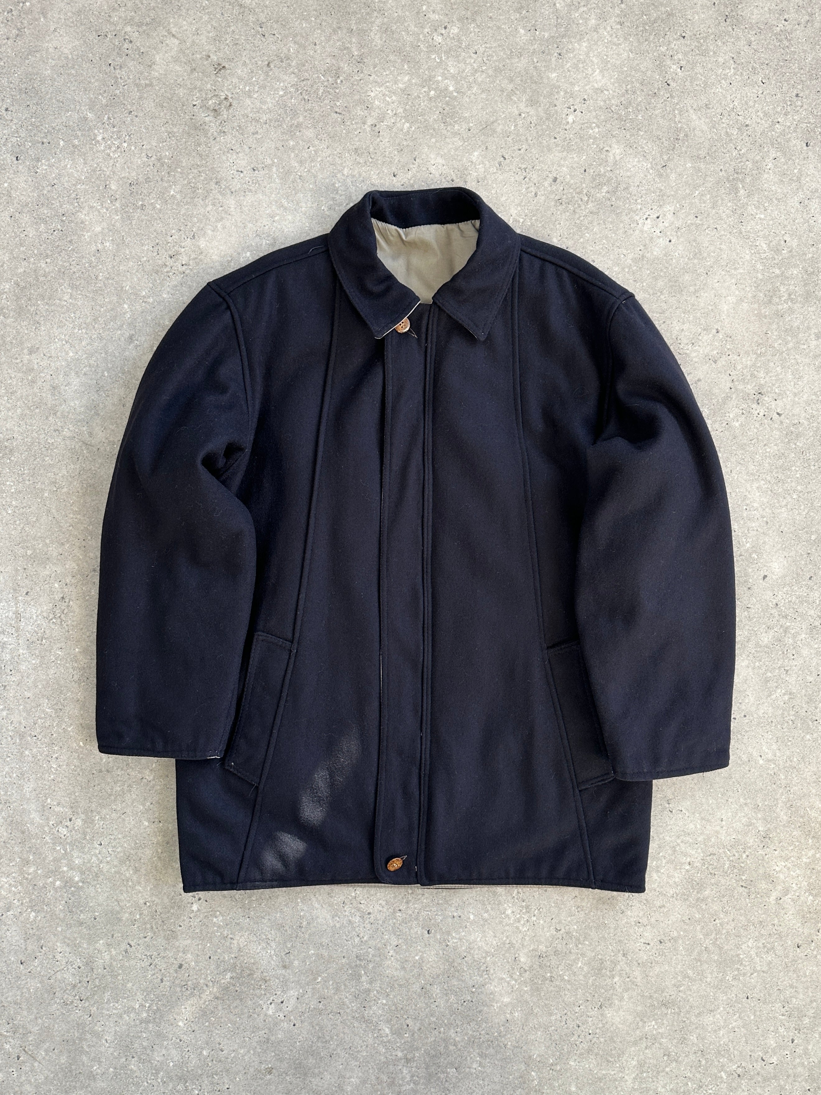Vintage Italian brushed wool reversible jacket in XL, showing the outer side with a textured wool finish and reversible design.