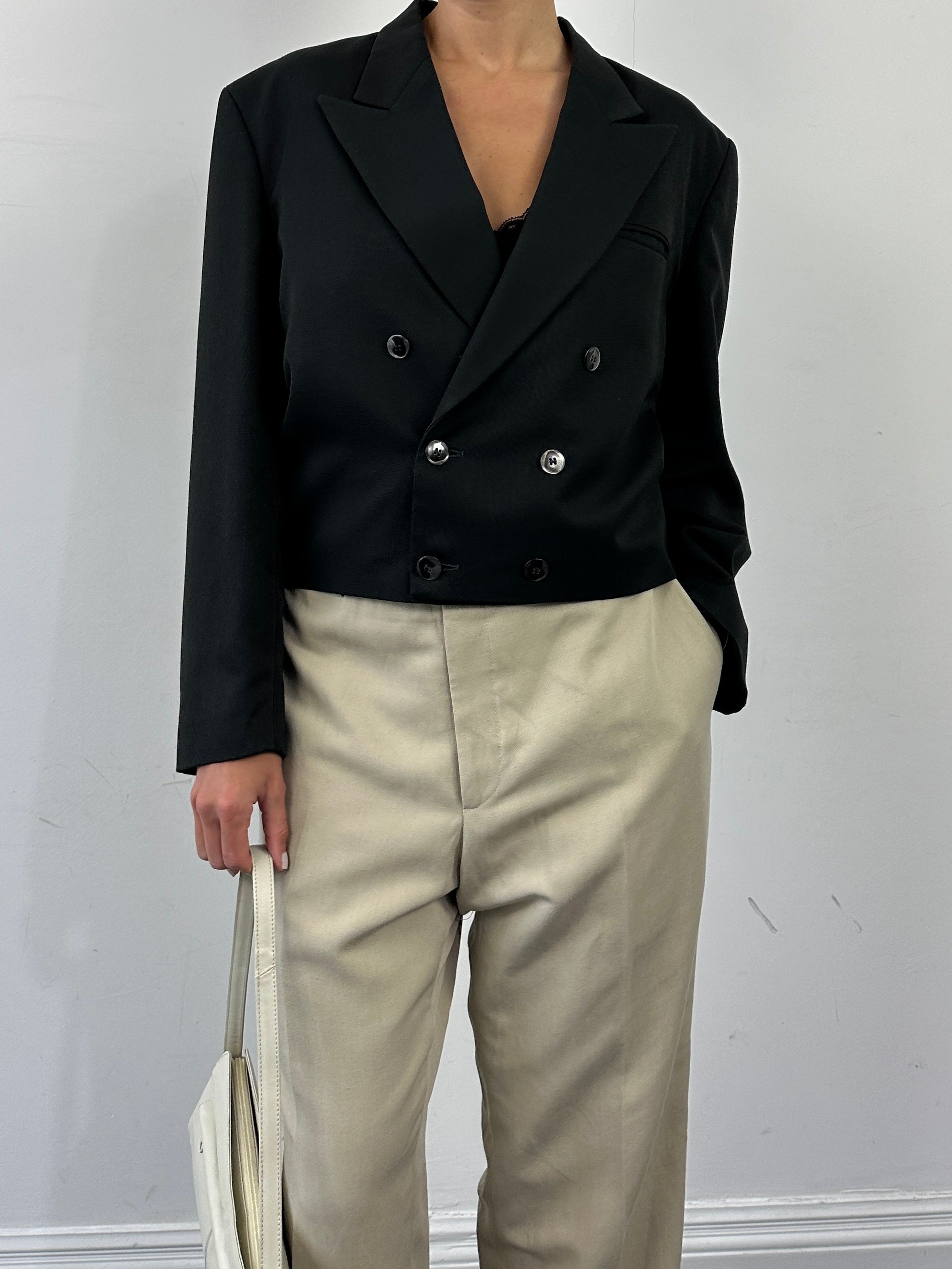 Vintage 1980s cropped double-breasted blazer, stylish men's blazer with classic design and button details.