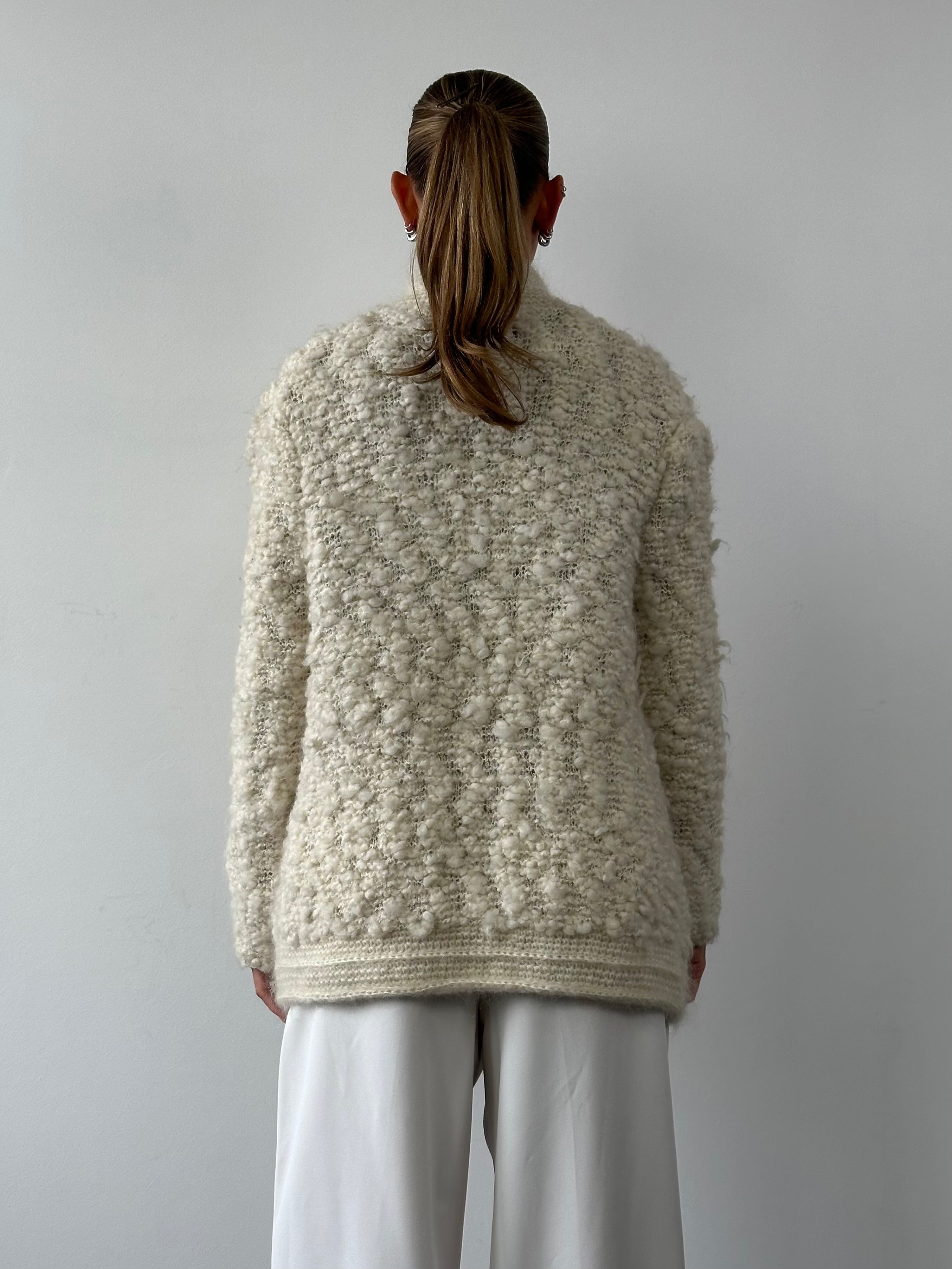 Vintage wool mohair knitted cardigan in XL, featuring a cozy, textured design with a classic button front.