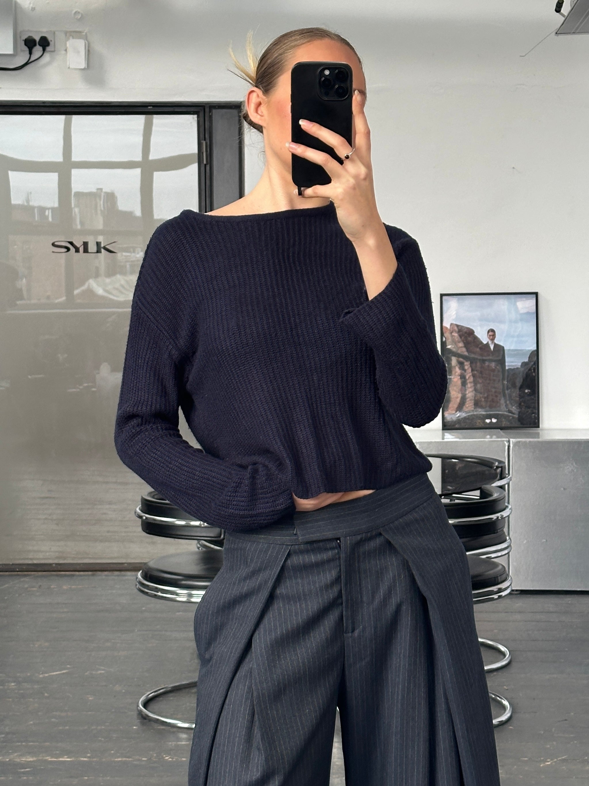 Armani Jeans 1990s cropped knitted jumper in size S/M, featuring a cozy, textured knit design and classic style.