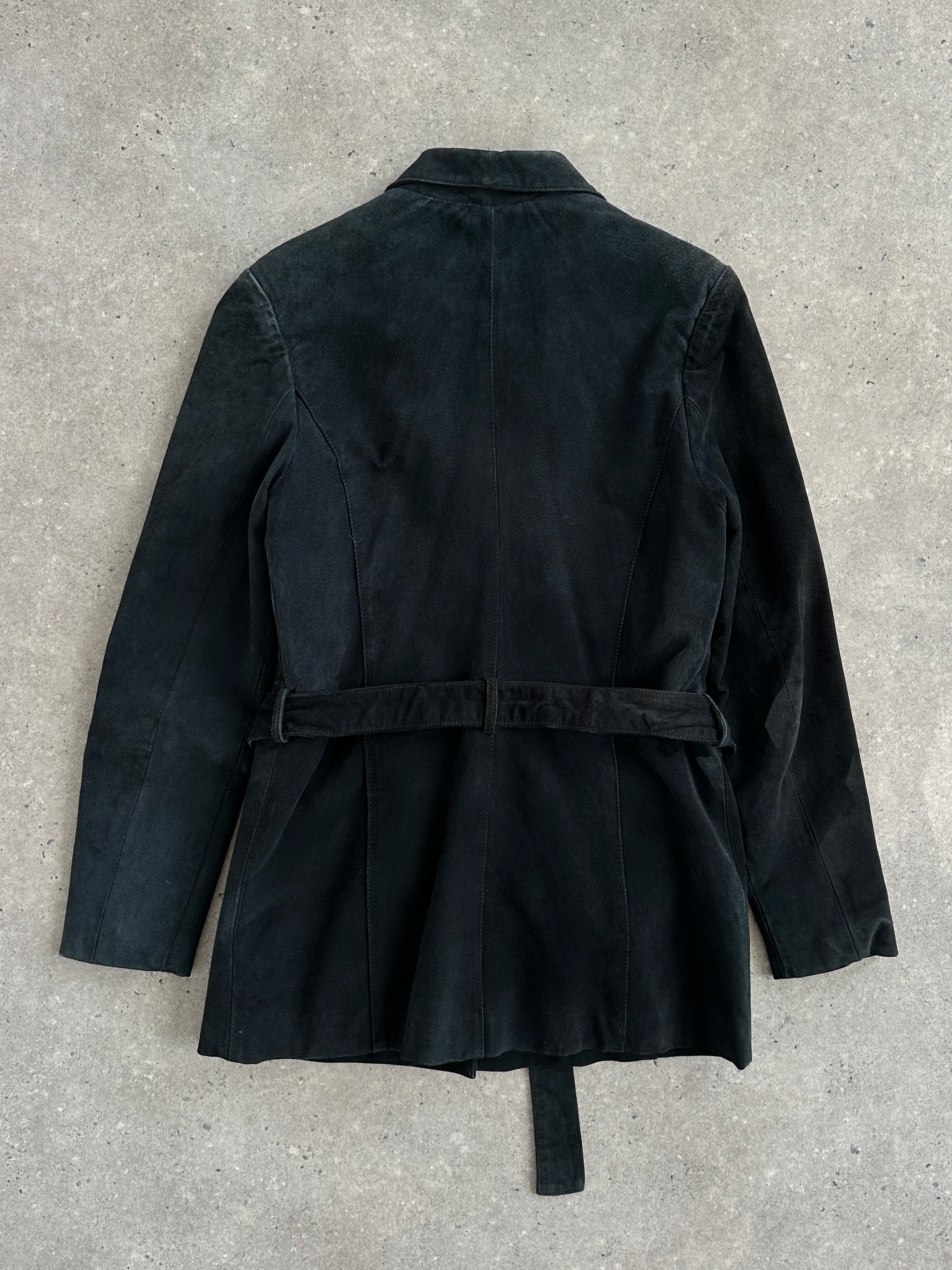Vintage 1990s suede belted leather jacket with classic design, size small/medium, featuring a stylish vintage look.