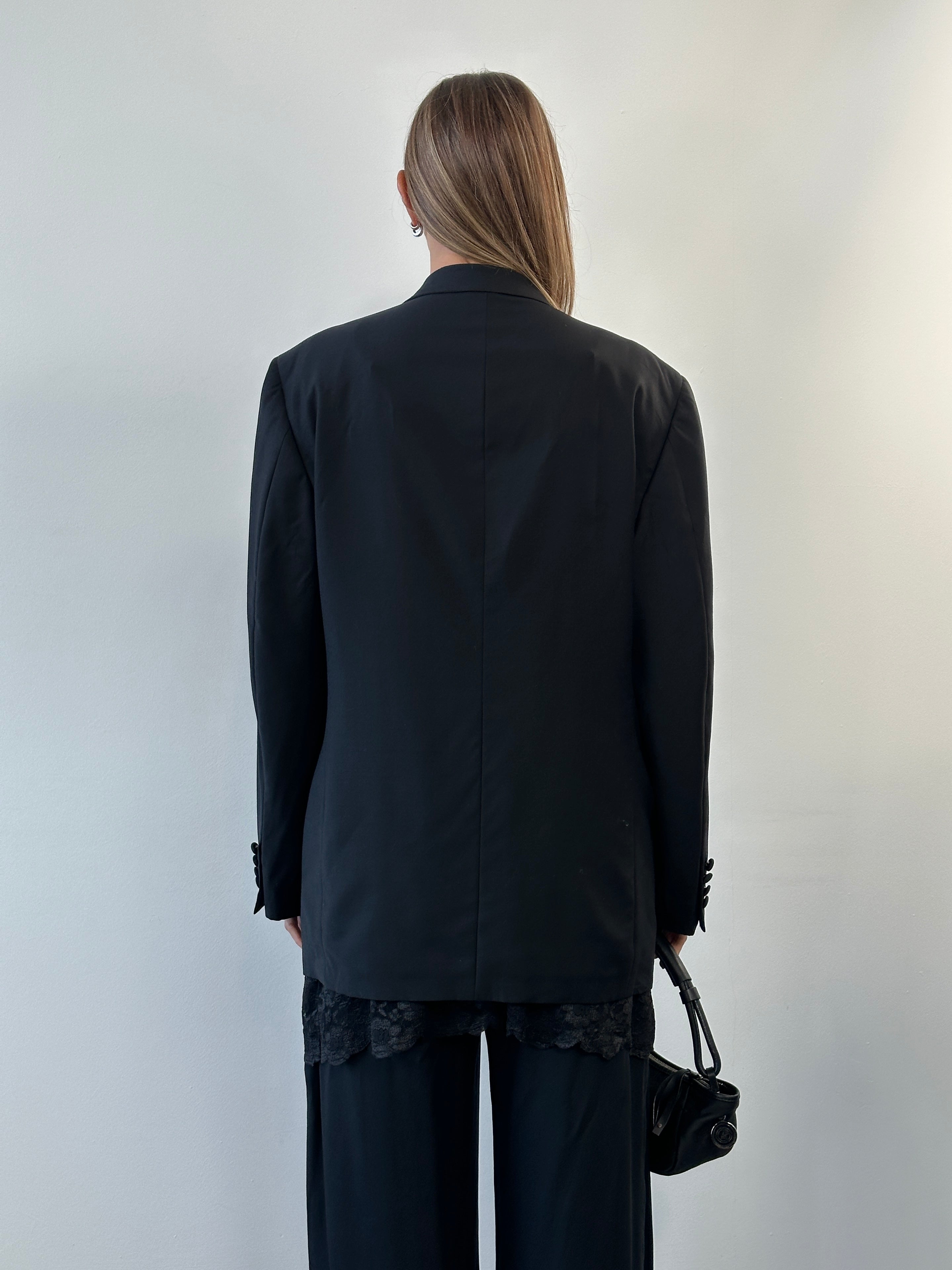 Christian Dior Monsieur 1980s wool tuxedo blazer, size 44R/XL, classic tailored design with notch lapels and elegant fit.