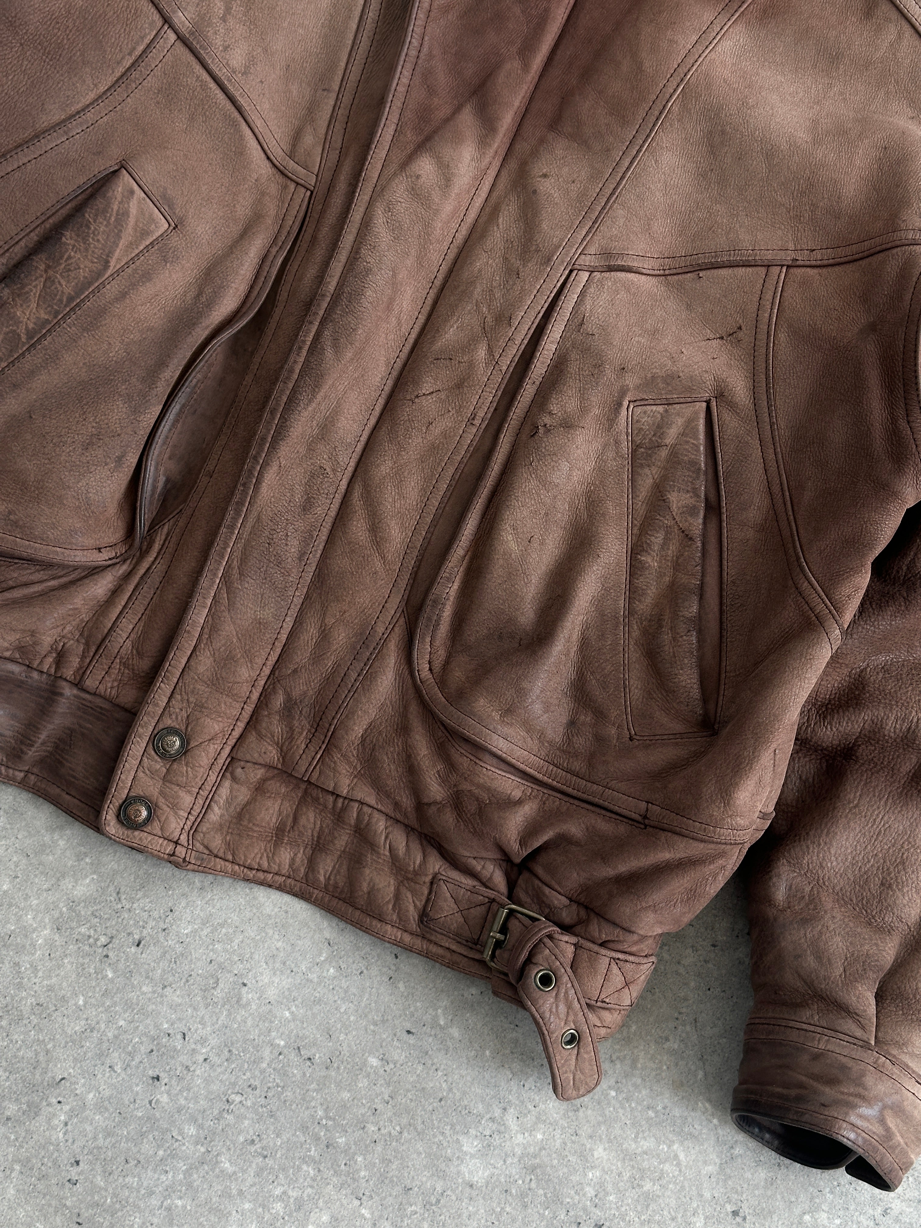 Vintage 1990s high neck aged leather bomber jacket, men's size large, with classic design and distressed leather finish.