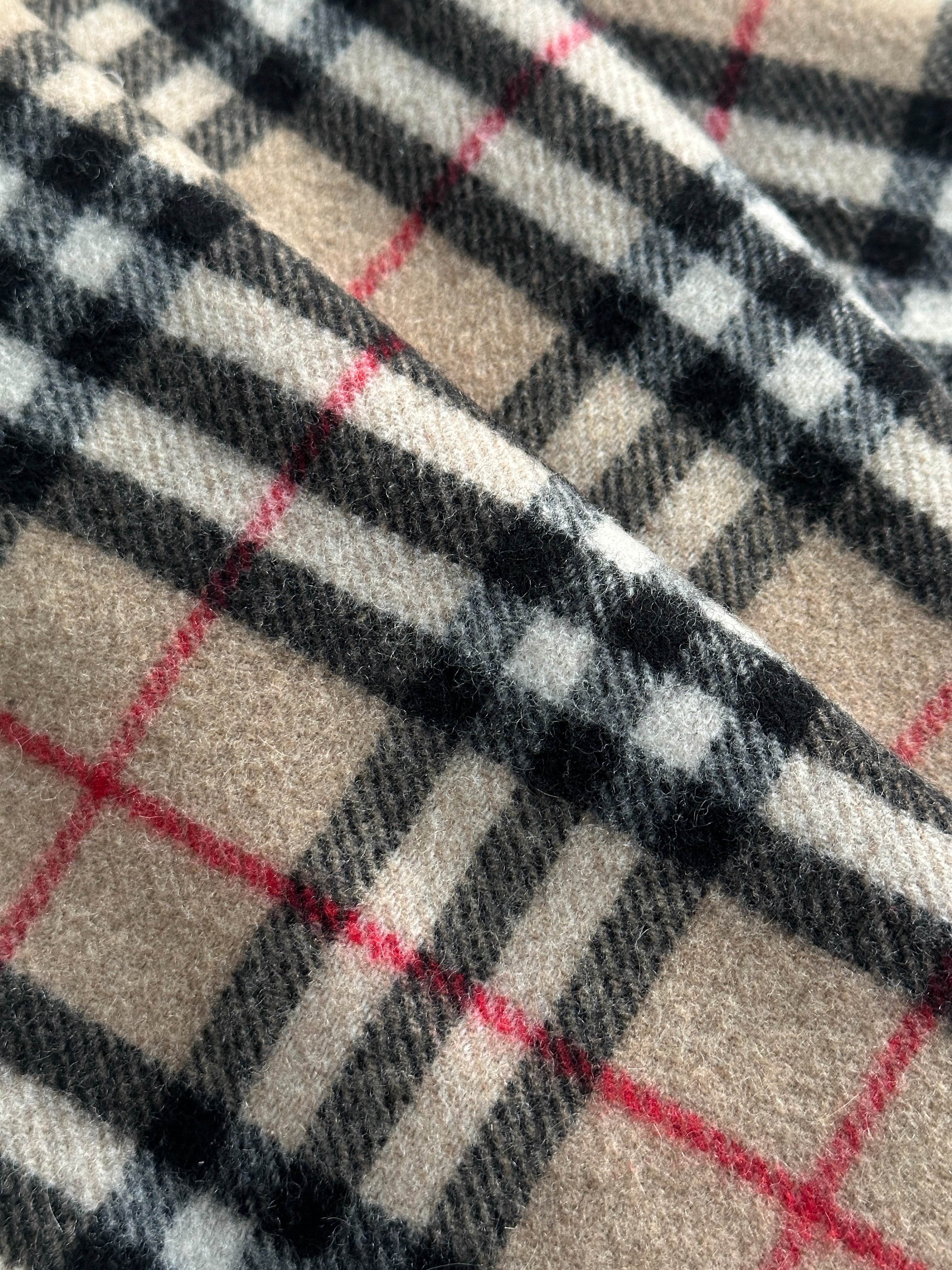 Burberry wool and camel hair Nova Check scarf featuring classic check pattern, soft texture, and fringed edges.