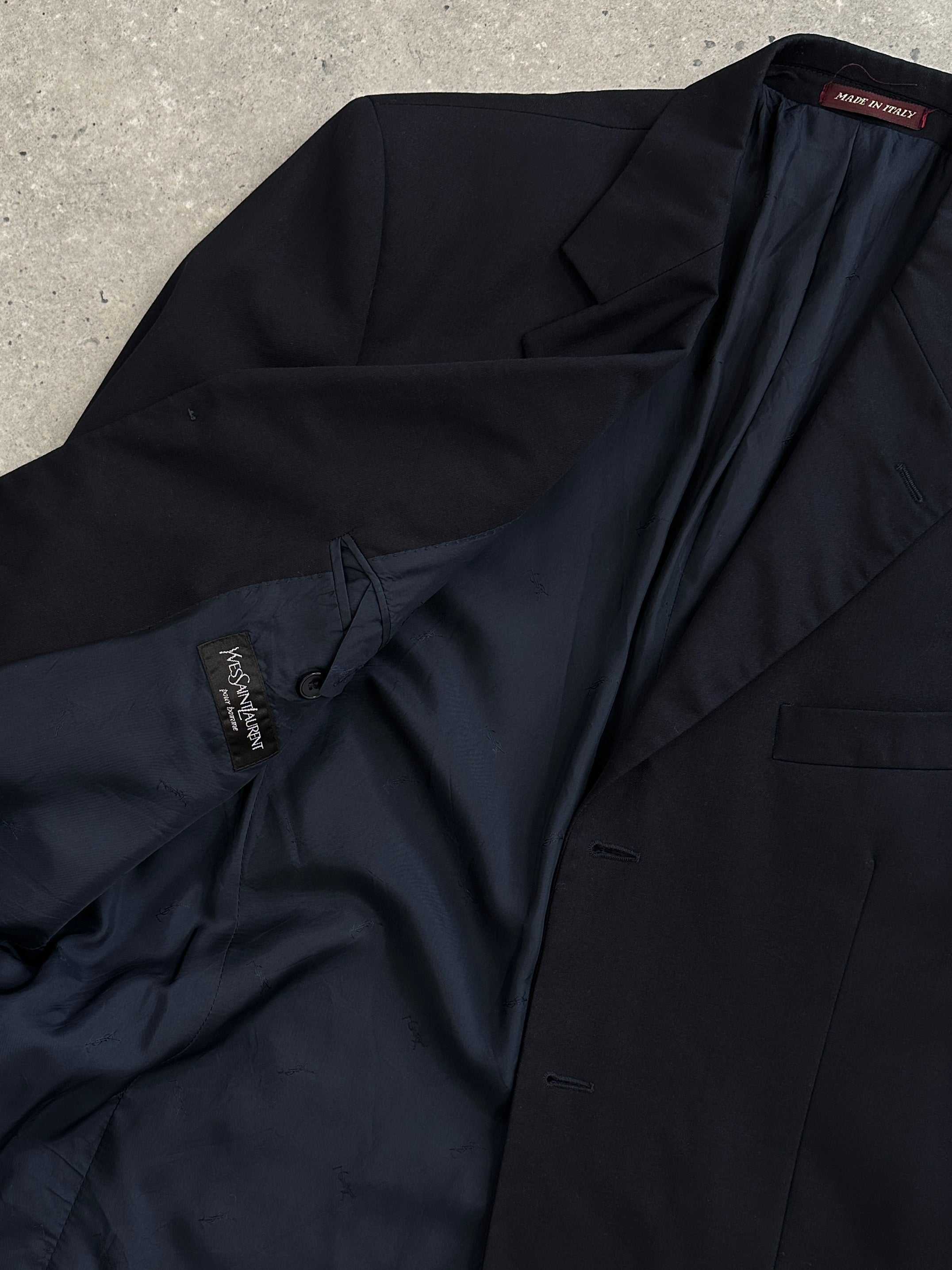 Yves Saint Laurent pure wool single-breasted blazer in black, tailored fit, with notch lapels and structured design.
