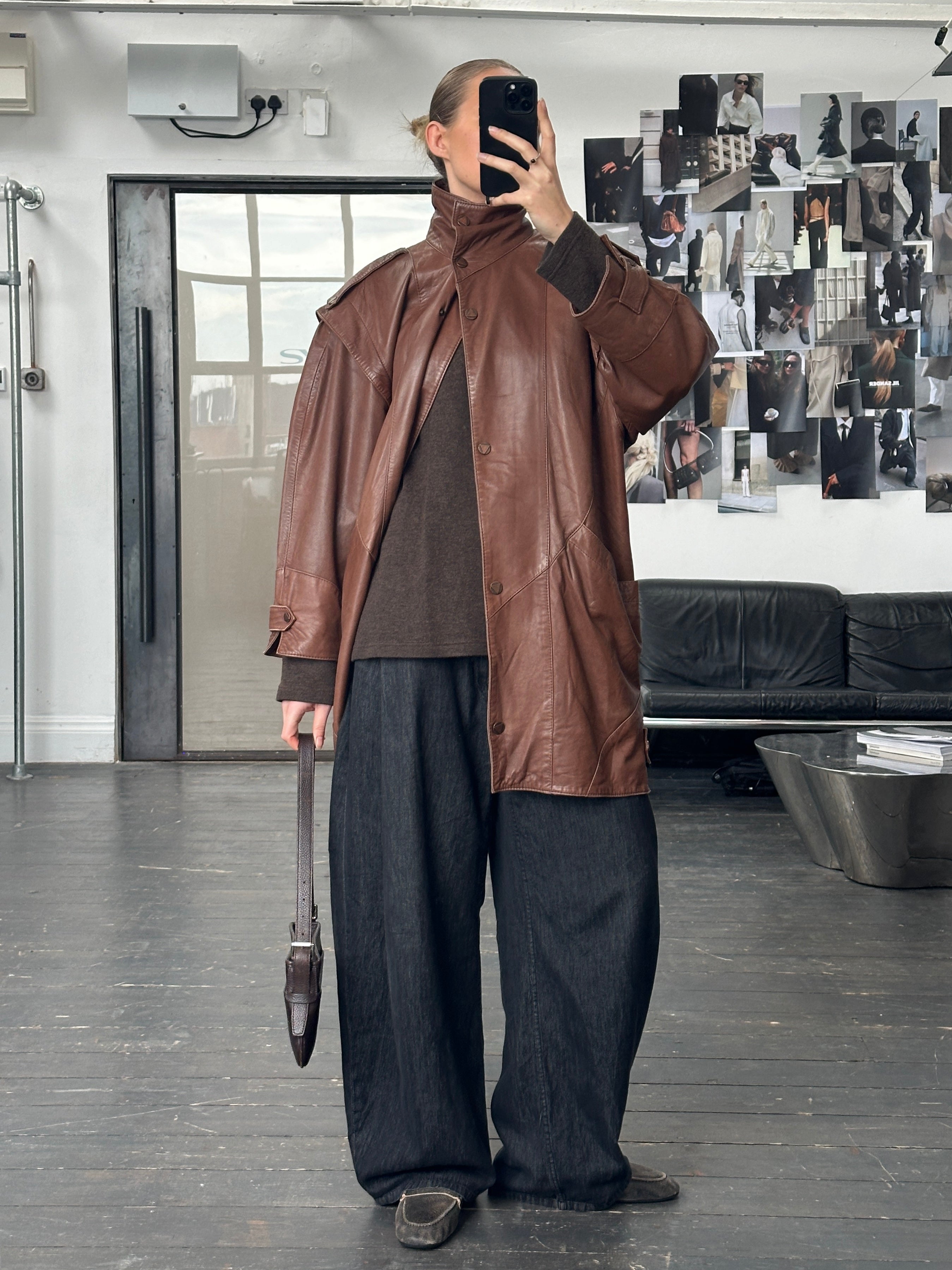 Vintage 1990s Leather High Neck Trench Coat - L - SYLK