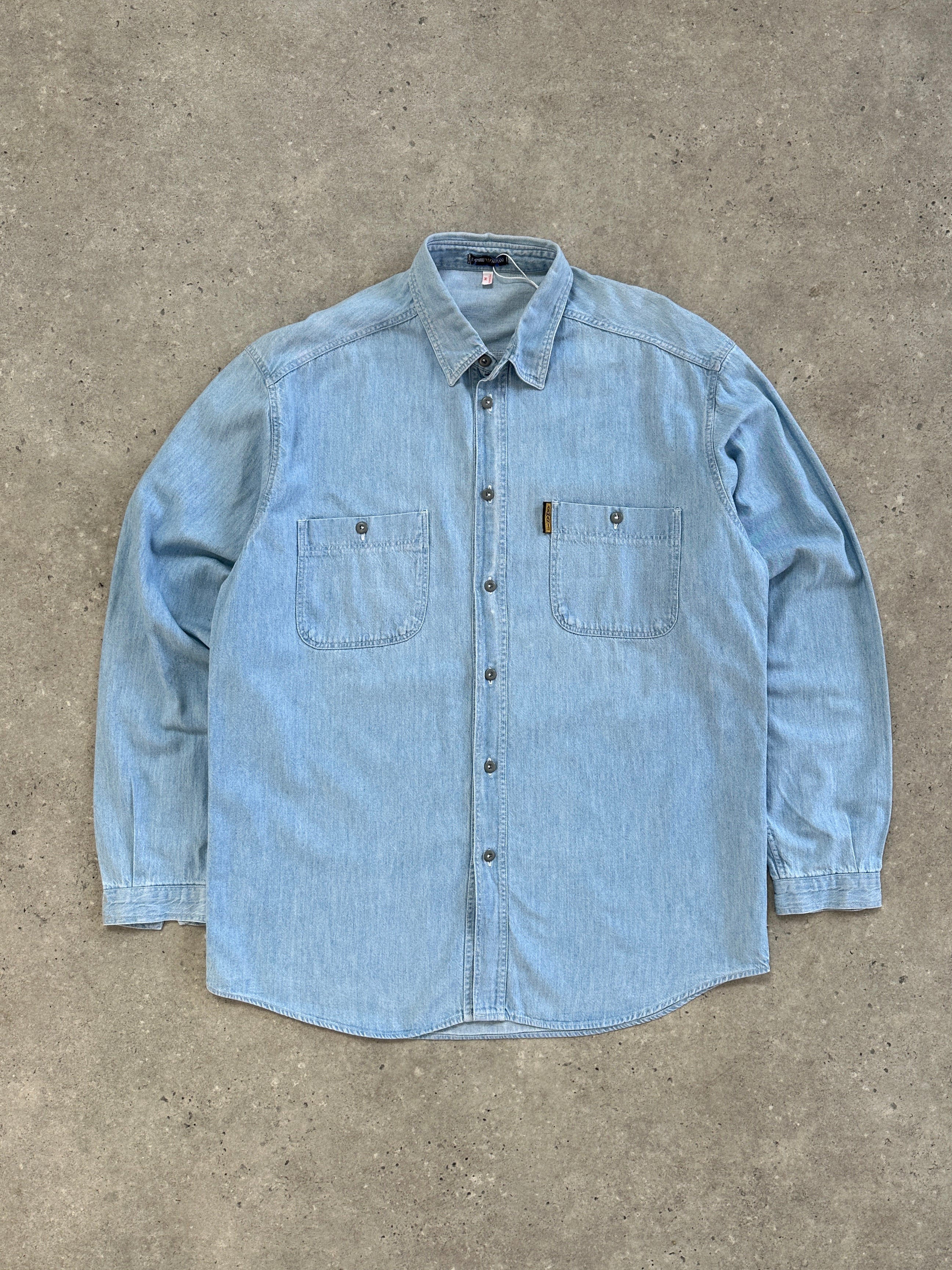 Armani Jeans pure cotton denim logo shirt in XL, featuring a classic denim design with embroidered Armani logo and button closure.