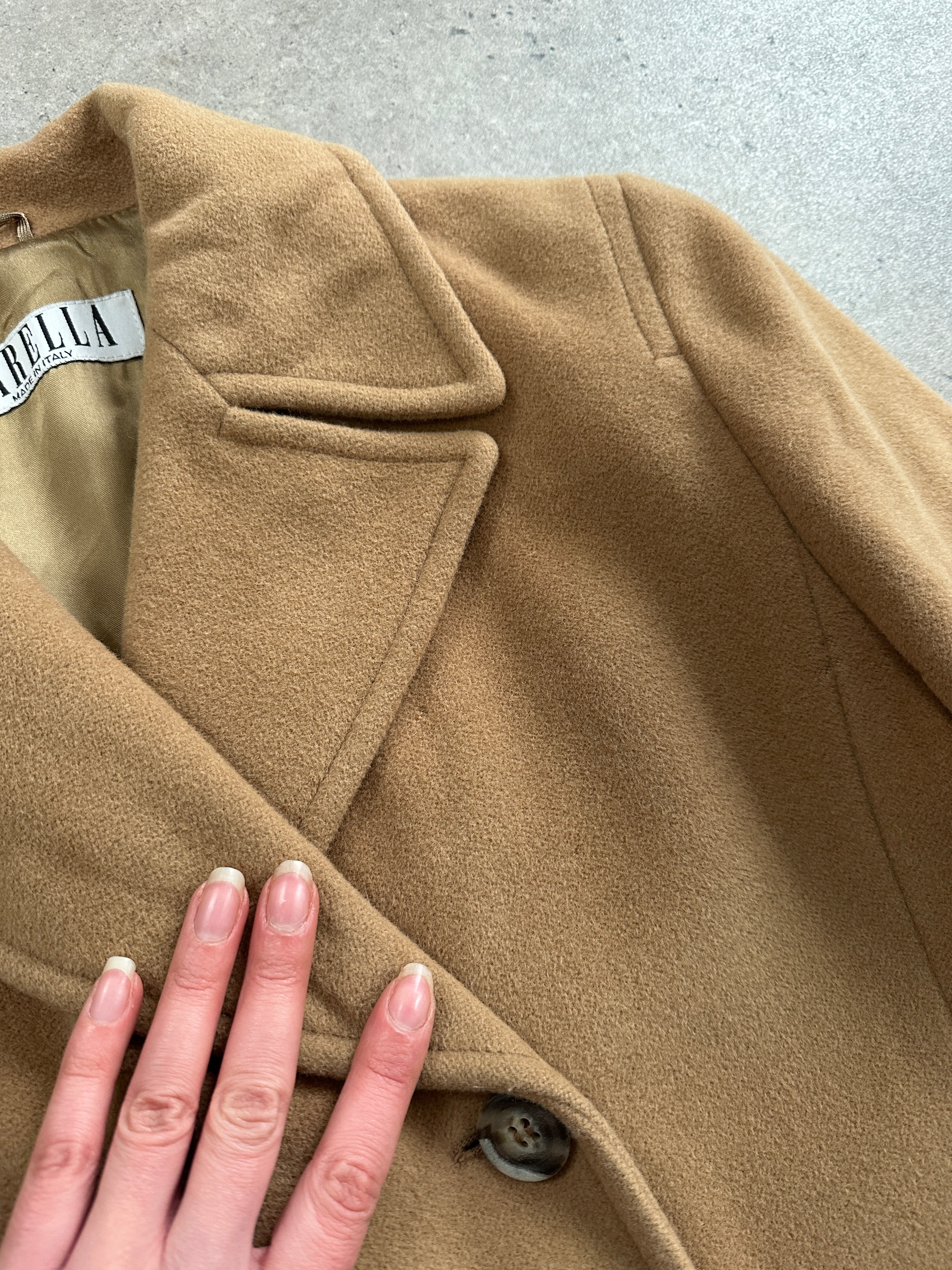 Marella 1990s virgin wool double-breasted coat in size M, featuring classic tailored design and button details.