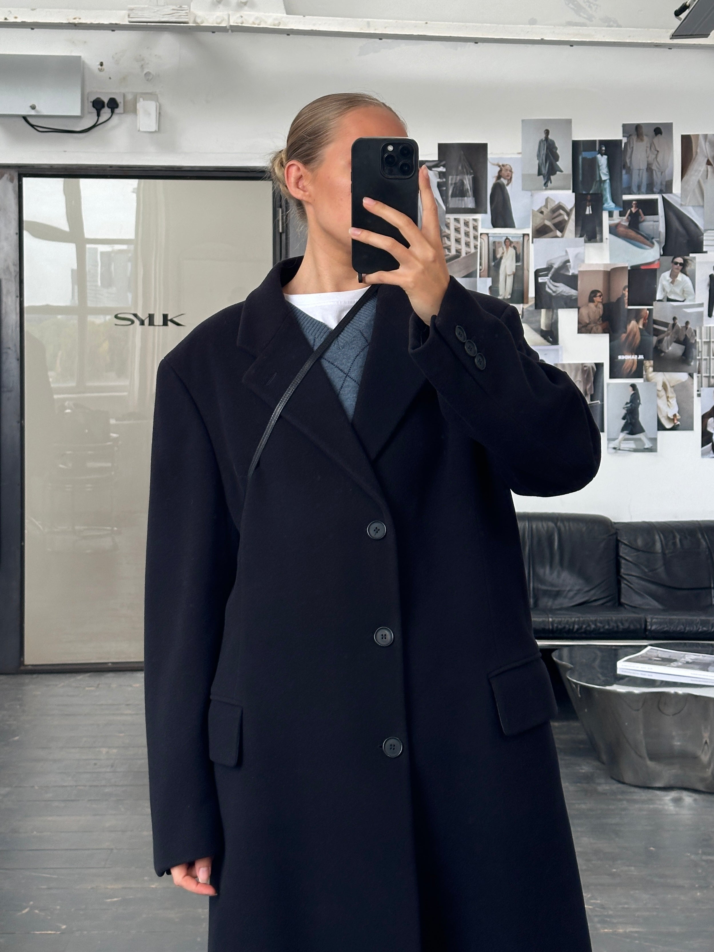 Emporio Armani 1990s wool and cashmere single-breasted coat in XL, showcasing classic tailored design and rich fabric.