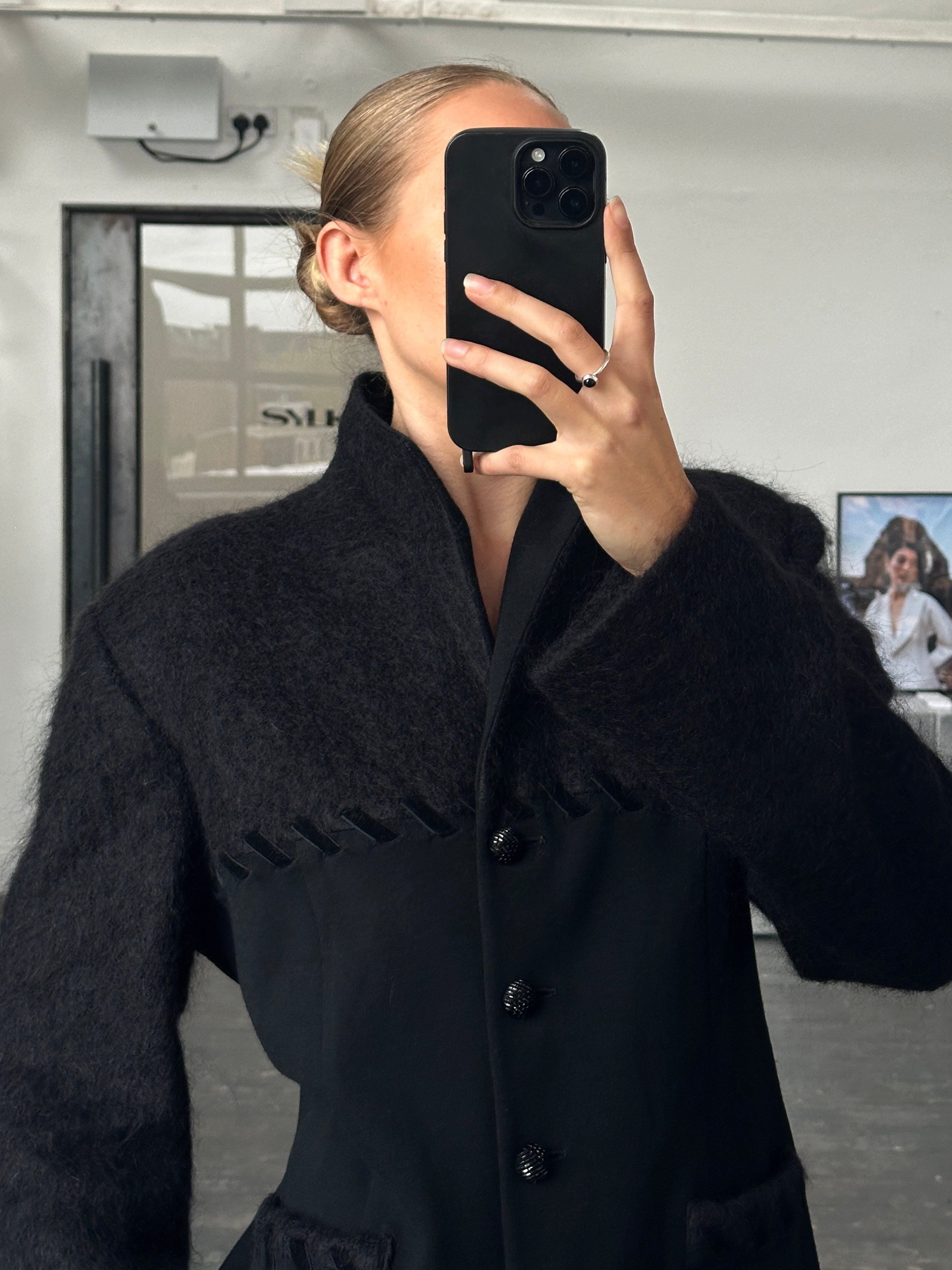 Vintage Italian 1990s mohair wool contrast panel jacket, size M, featuring a classic retro design with textured fabric and stylish details.