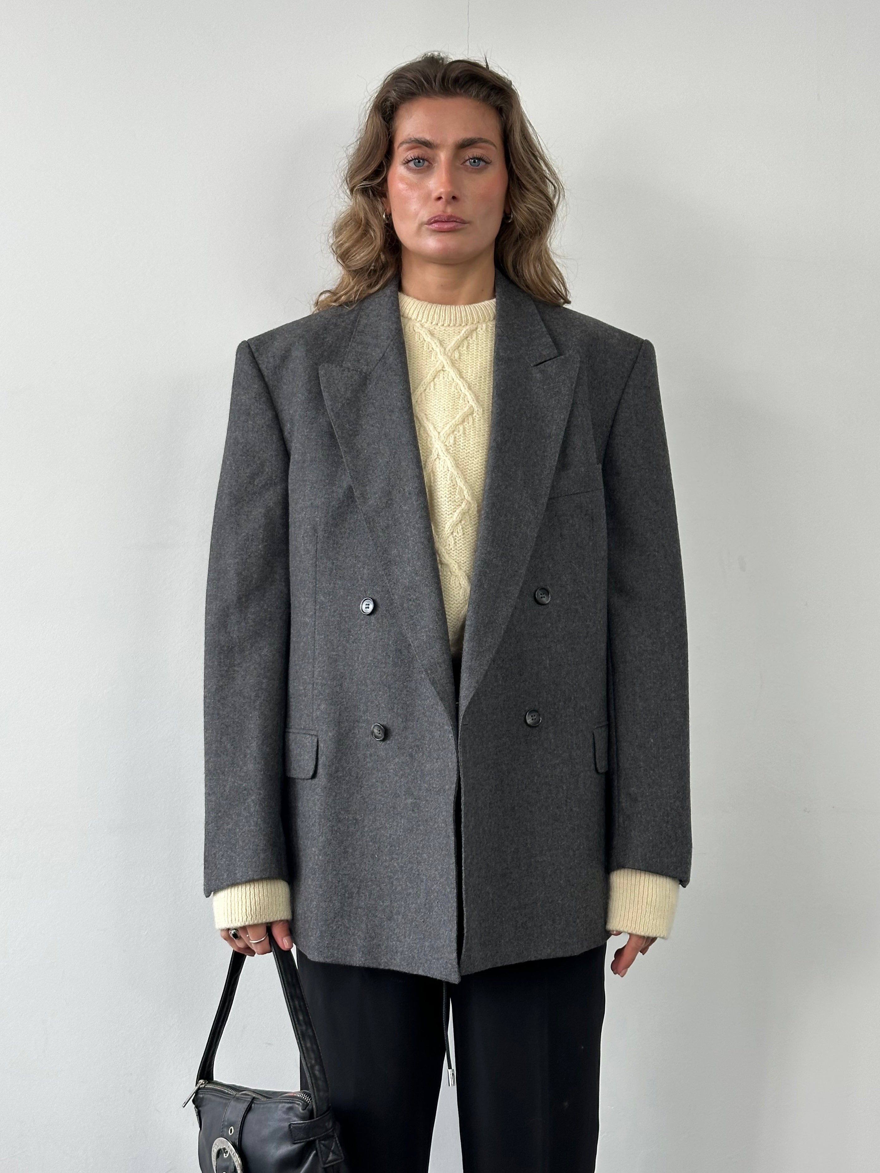Vintage brushed pure wool double-breasted blazer in XL, featuring classic tailored design and textured fabric.