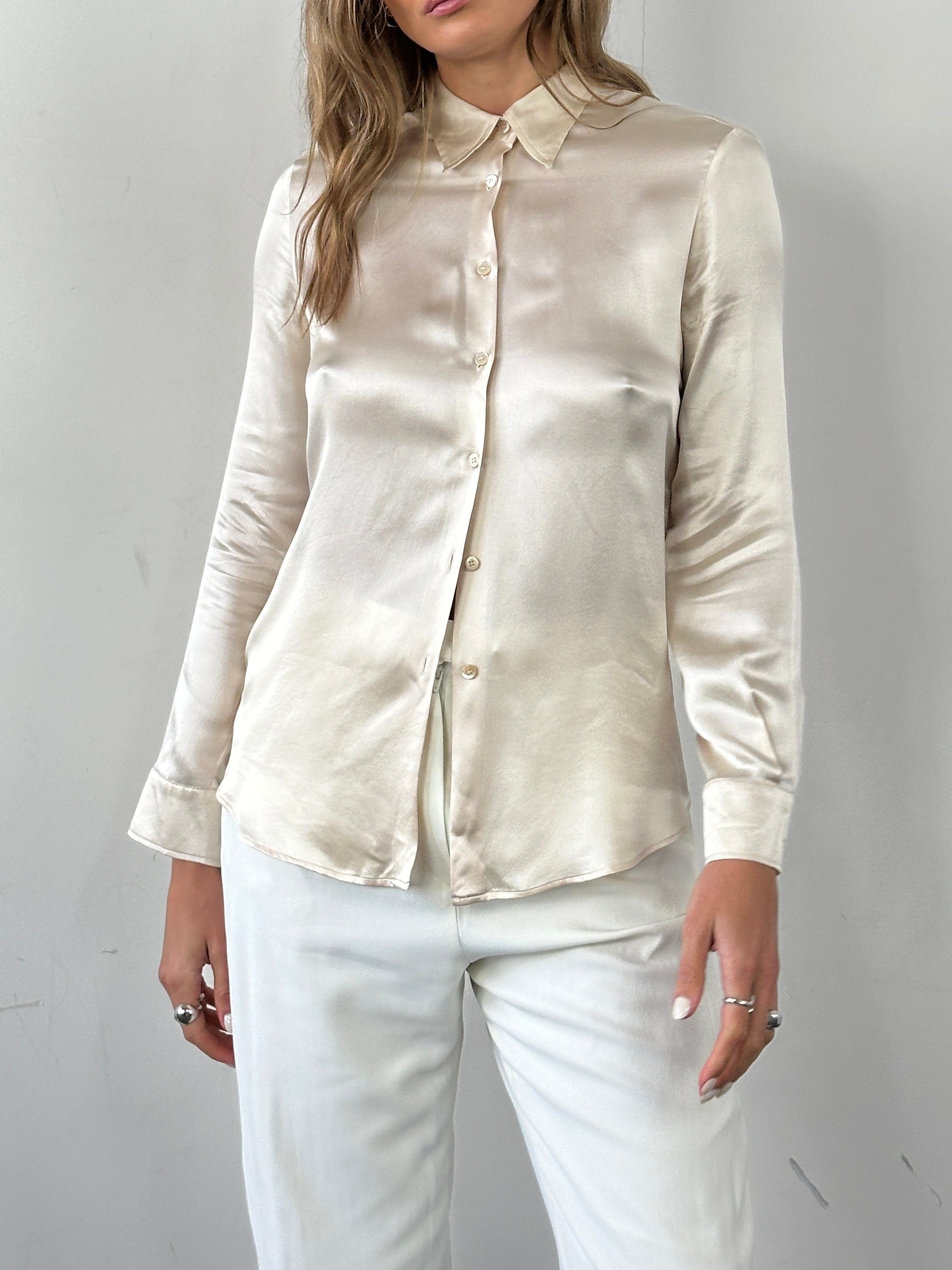 Marella Satin Fitted Shirt in size S, featuring a sleek satin fabric and tailored fit, displayed on a hanger.