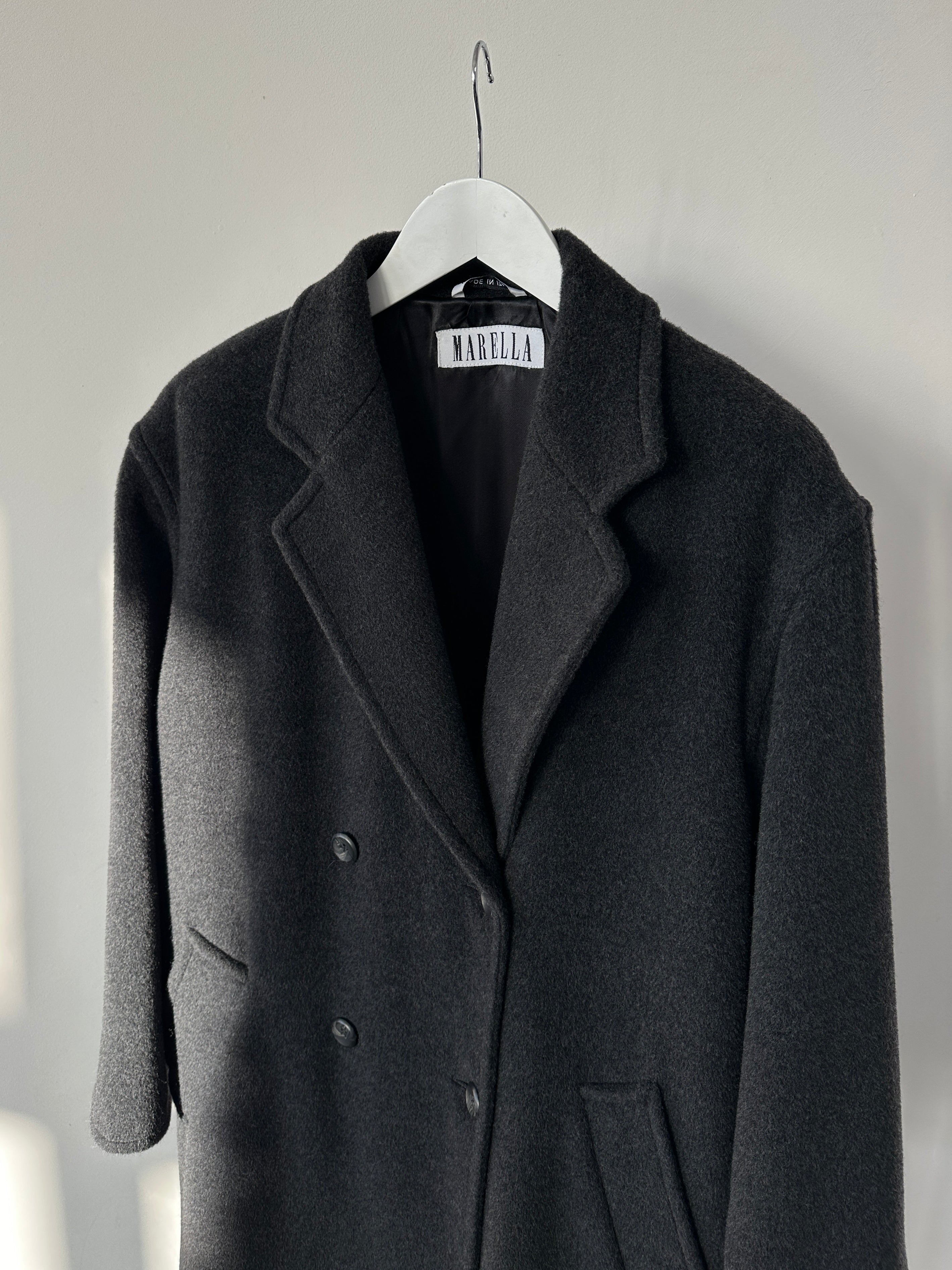 Marella wool cashmere double-breasted coat in size M, shown hanging with front view and classic lapel design.