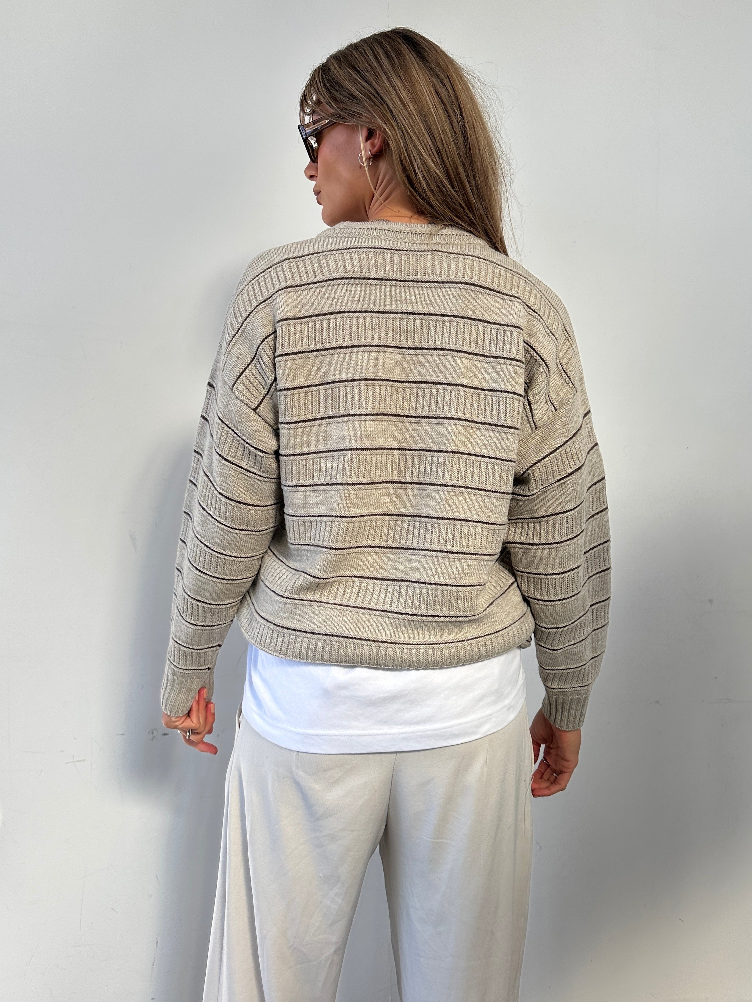 St Michael stripe knitted jumper in size M, featuring a cozy knit fabric with colorful stripe pattern, casual and stylish.