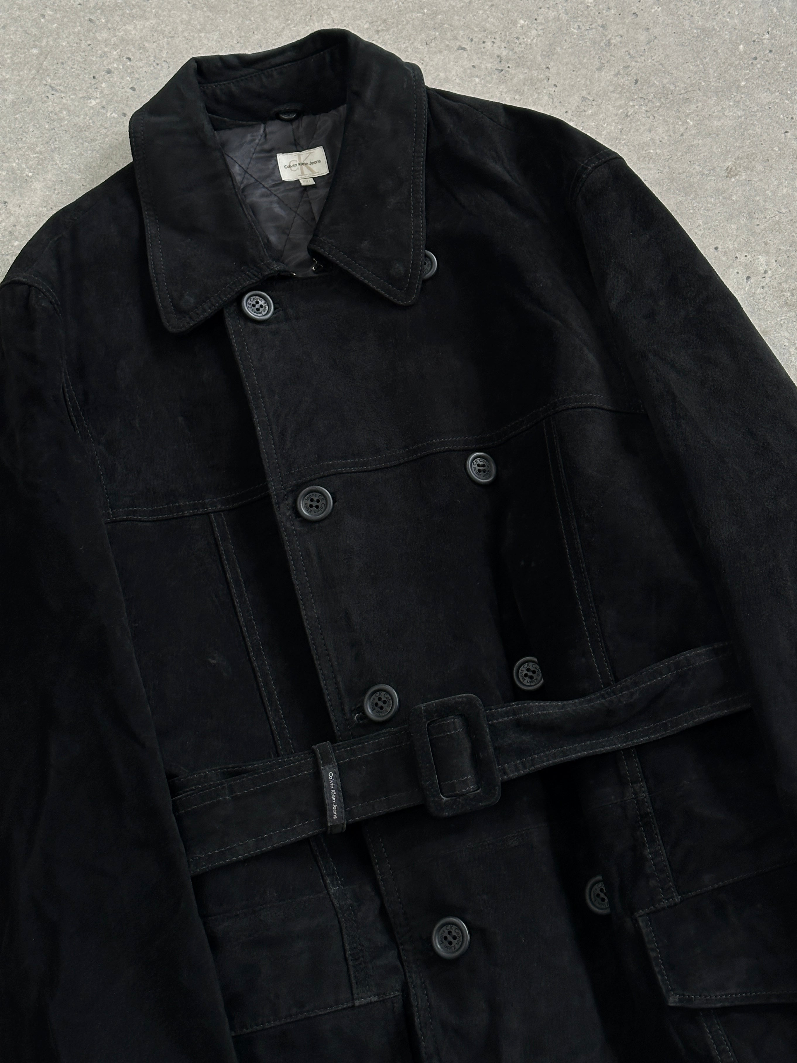 Calvin Klein CK 1990s suede belted trench coat in XXL, featuring classic leather jacket style with a belt and structured design.
