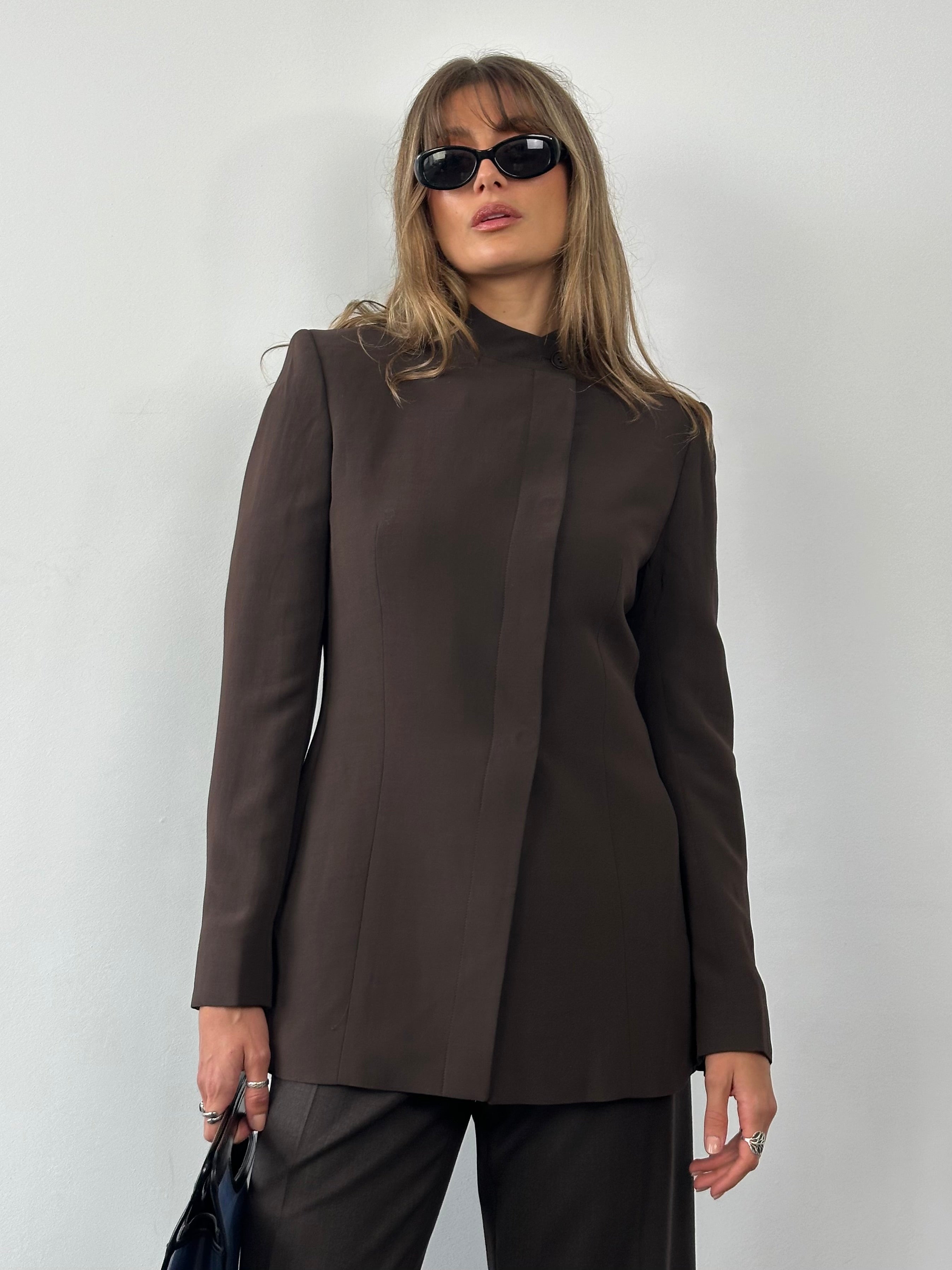 Max Mara fitted high neck asymmetric tailored blazer in dark fabric, stylish 2000s design with structured silhouette.