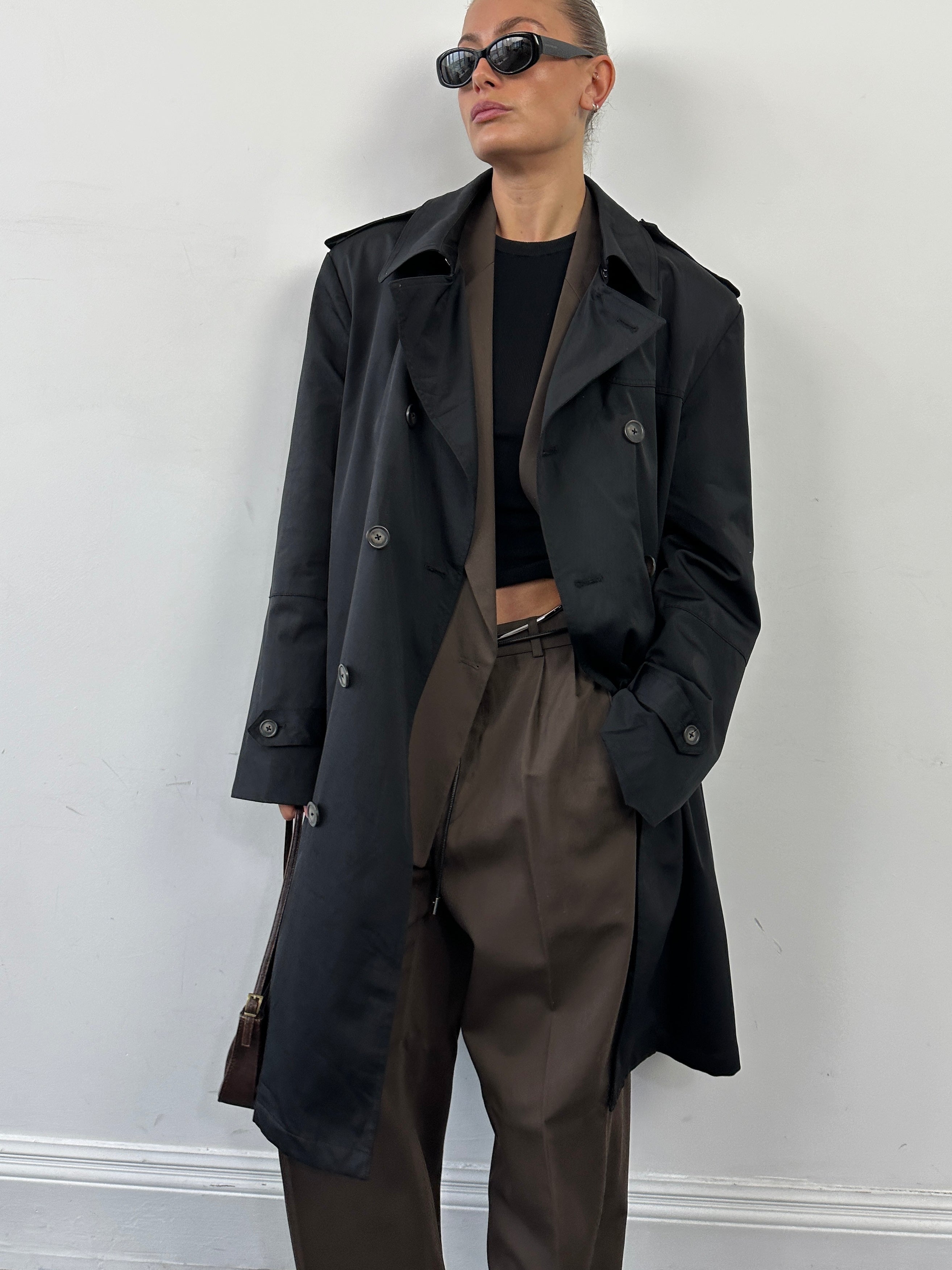 Ralph Lauren Chaps cotton double-breasted trench coat in XL, featuring classic design and button details, shown on a hanger.