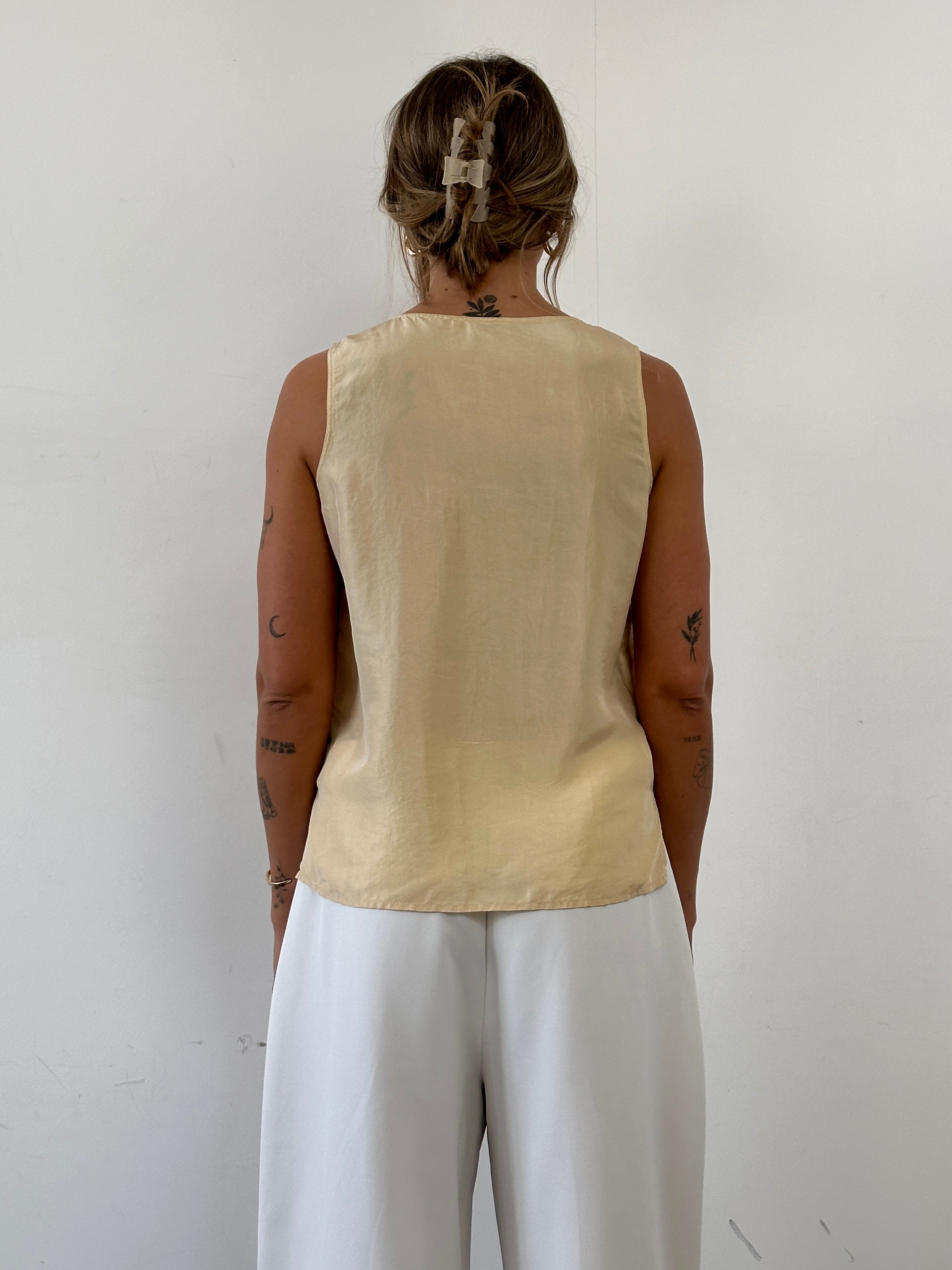St Michael pre-2000s pure silk tank top in size small, showcasing a sleek, smooth silk fabric with a fitted design.