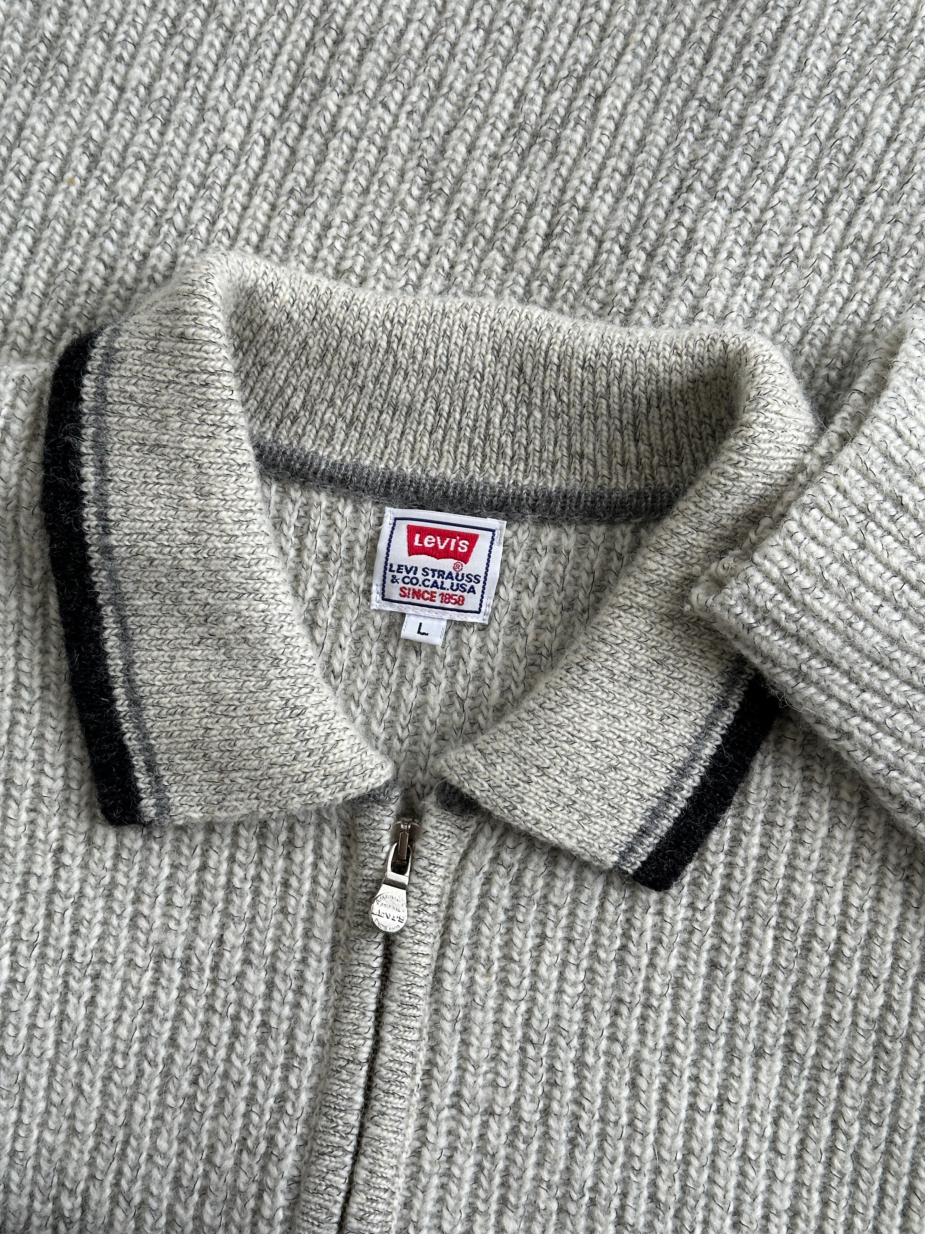 Levi’s wool zip-up knitted cardigan in size L, featuring a cozy, textured knit and front zipper closure.