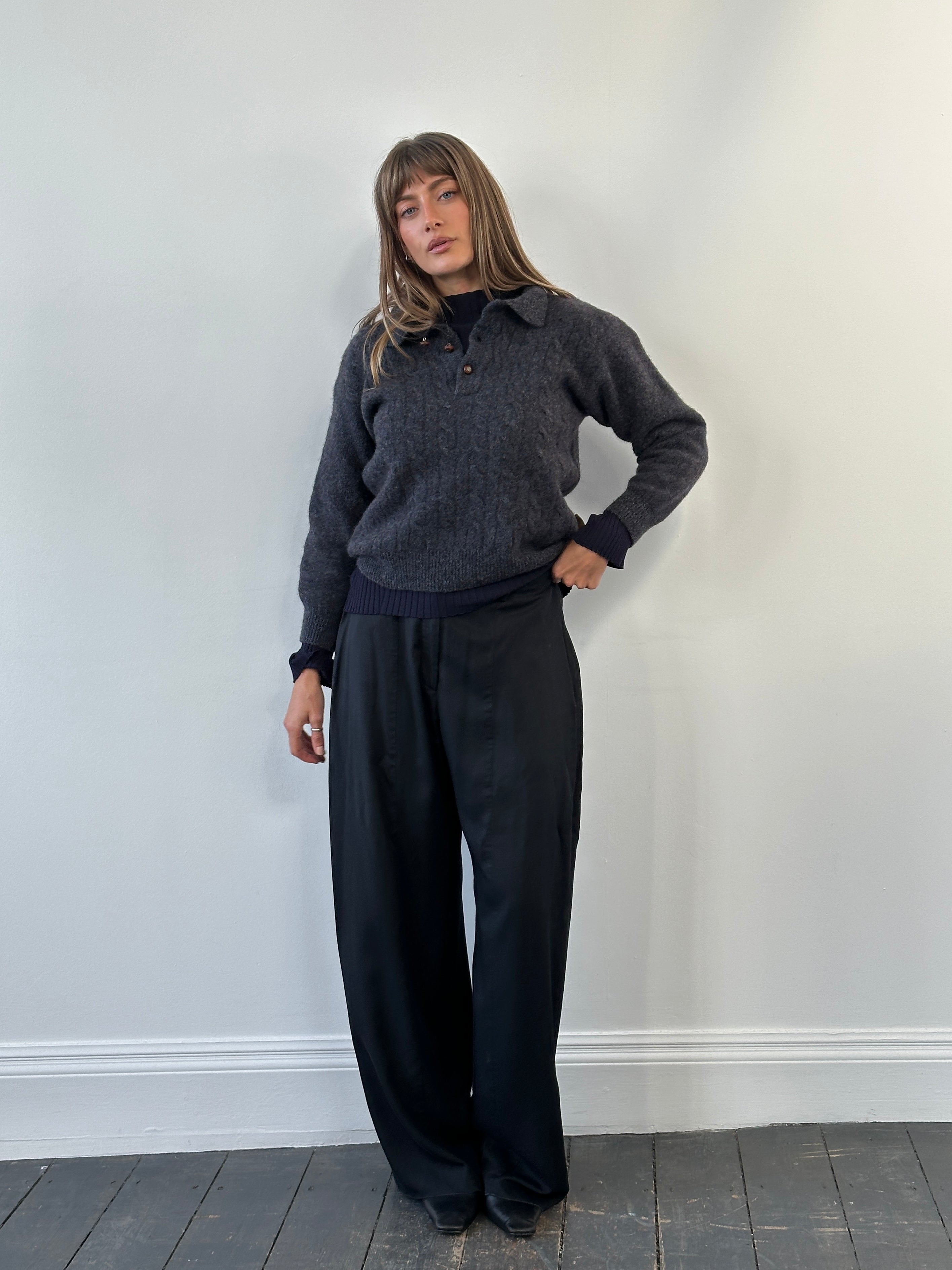 Valentino Studio 1990s pure wool bespoke button polo jumper in XS, featuring a classic design with a ribbed collar and cuffs.