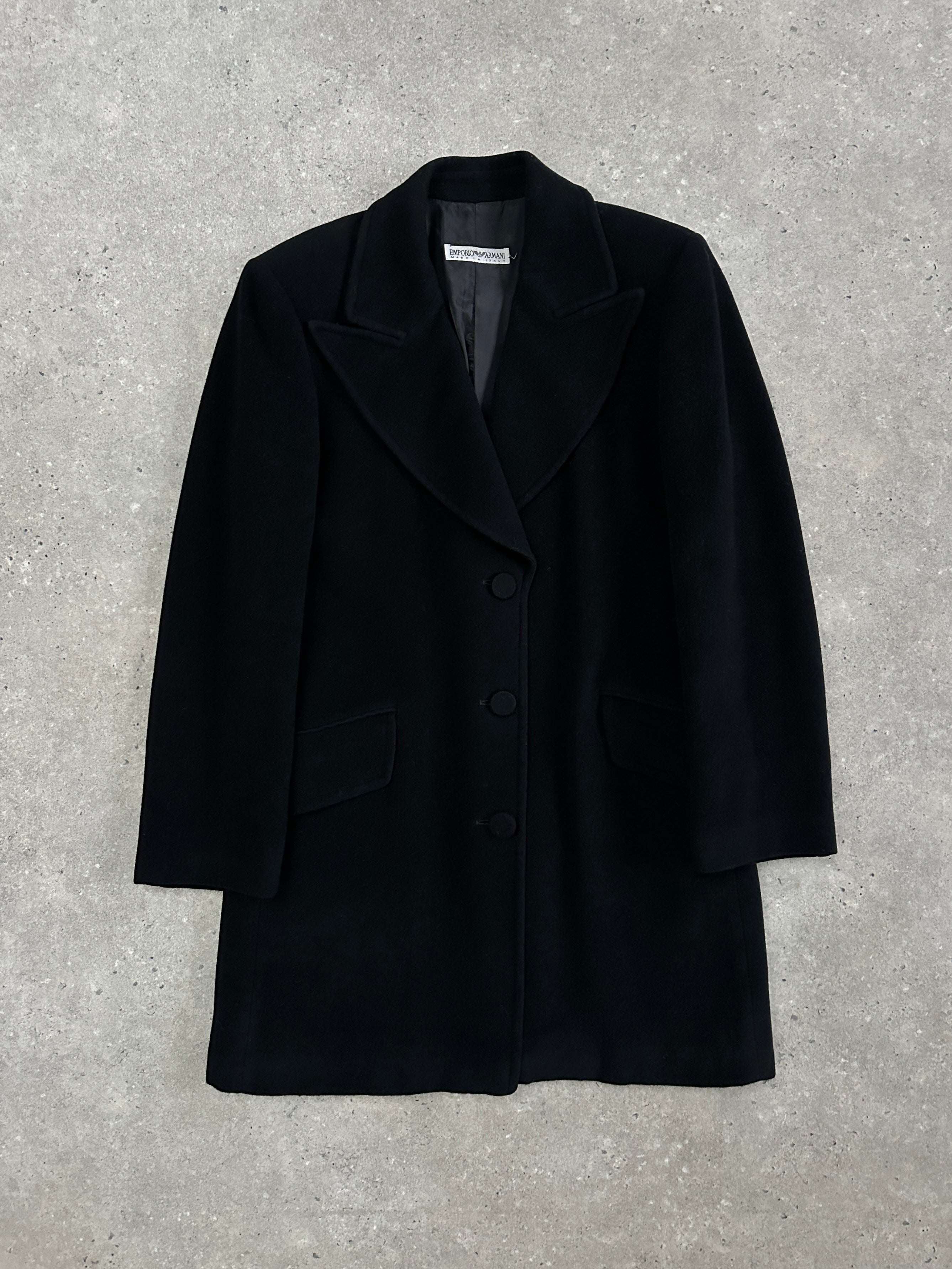 Emporio Armani 1990s wool camel coat in size S/M, featuring classic tailored design and warm wool fabric.
