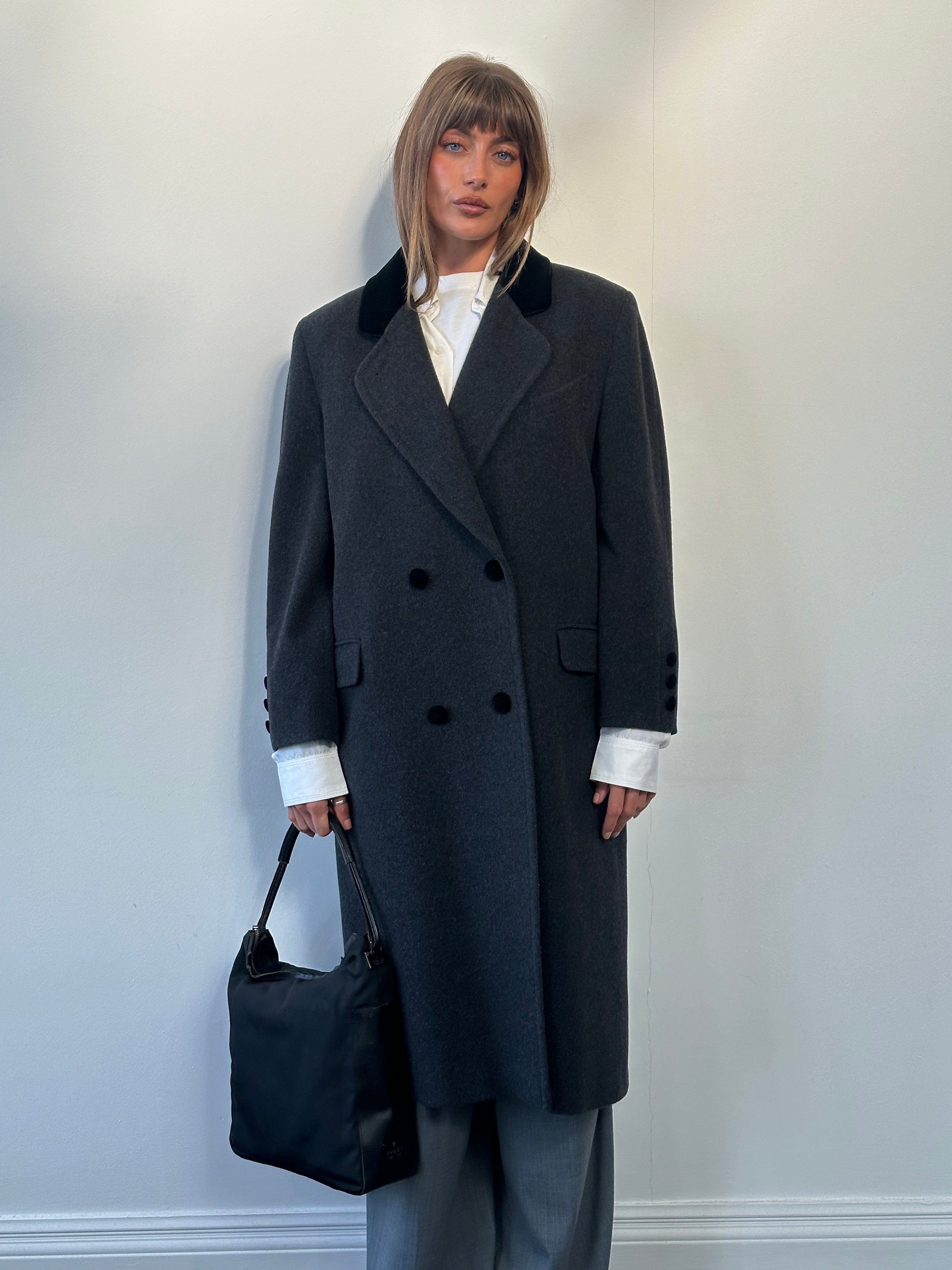 St Michael 1990s wool double-breasted coat in size L, featuring classic design and tailored fit, front view.