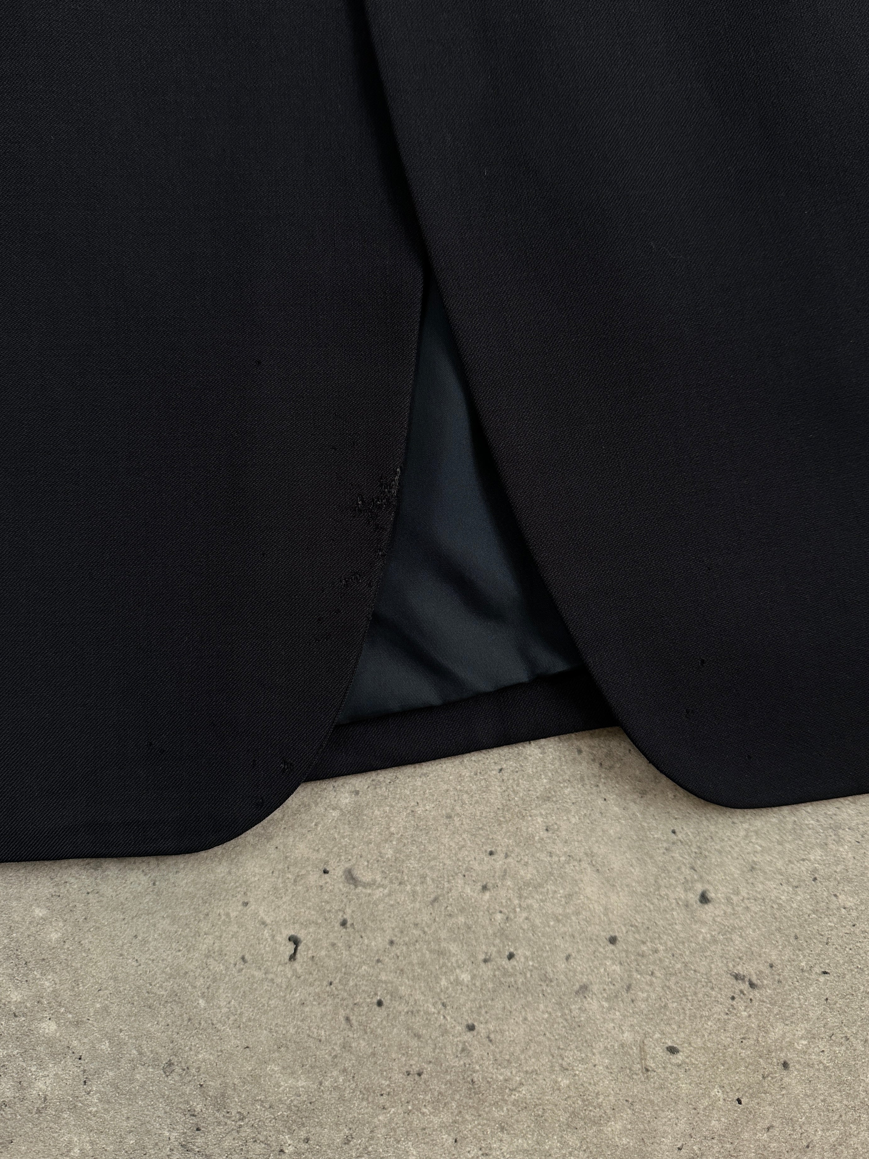 Yves Saint Laurent Pour Homme 1990s pure wool bespoke button blazer, size 42R/XL, shown hanging on a wooden hanger.