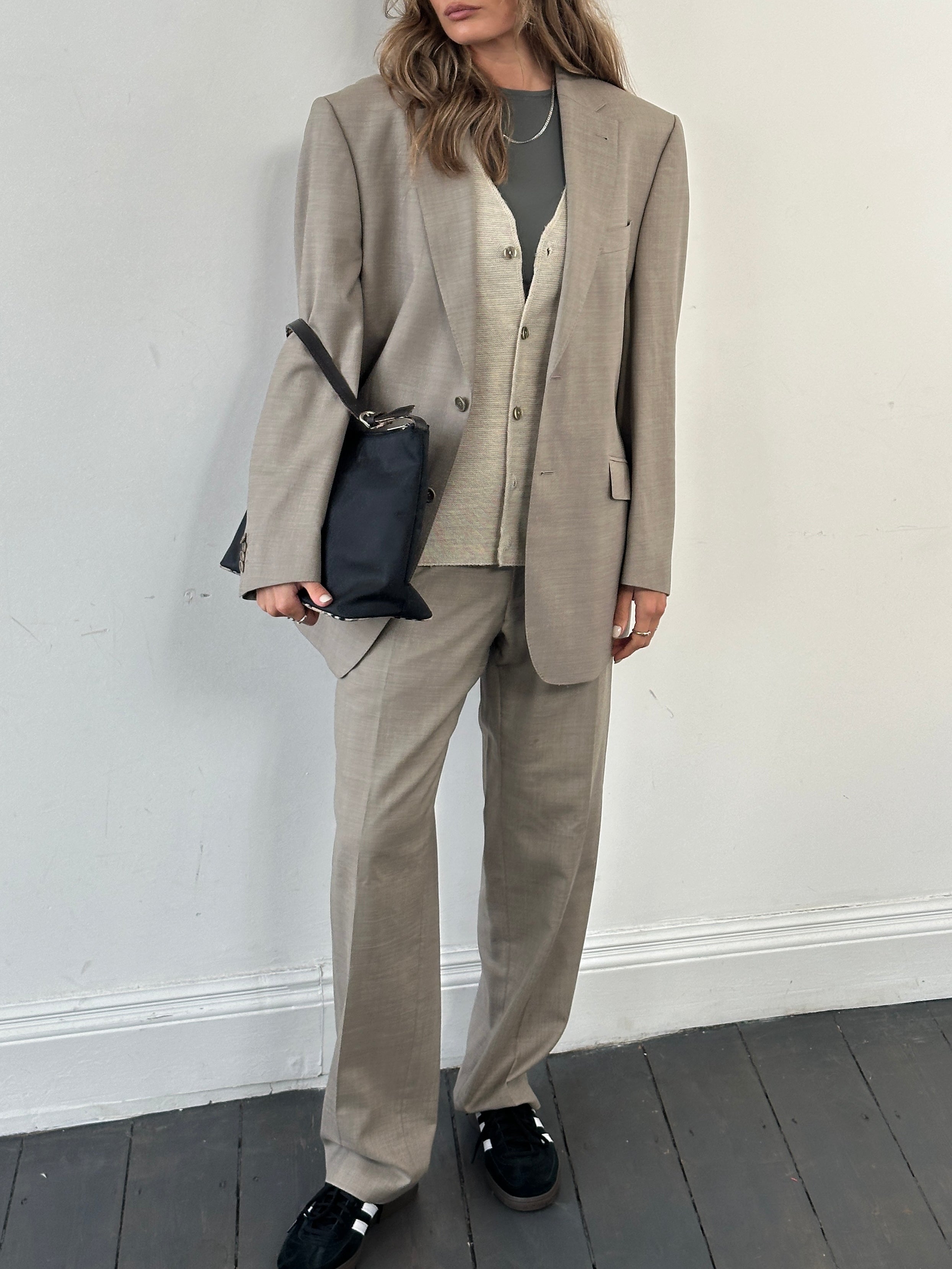 Balmain Homme wool silk single-breasted suit in size 42R/W34, tailored fit, shown on a mannequin.