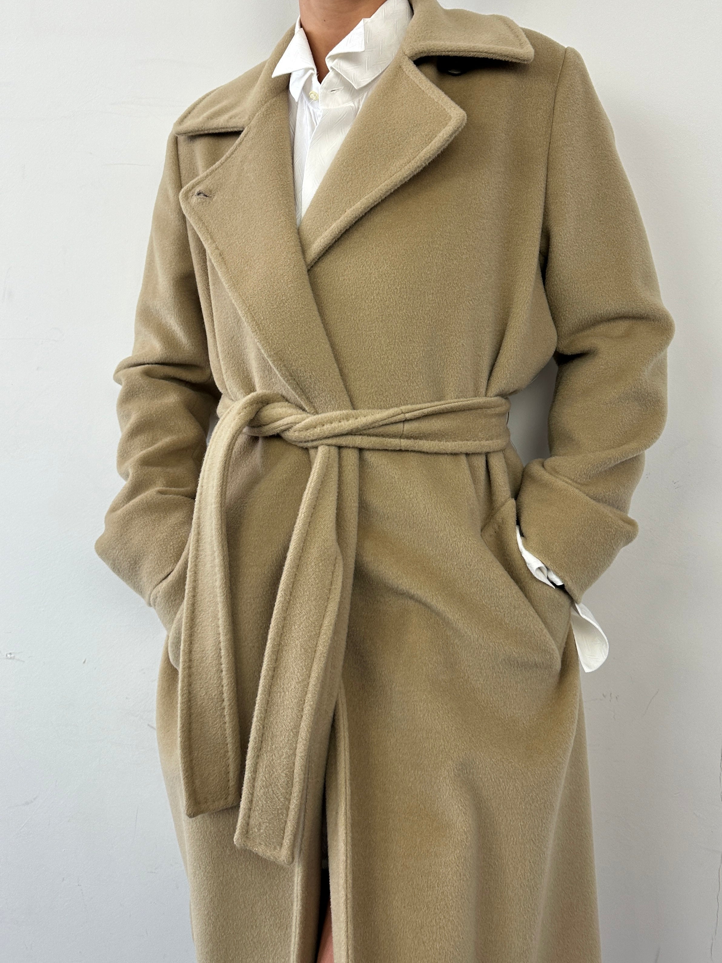 Marella virgin wool cashmere belted wrap coat in neutral color, showcasing its tailored fit and soft fabric for winter wear.
