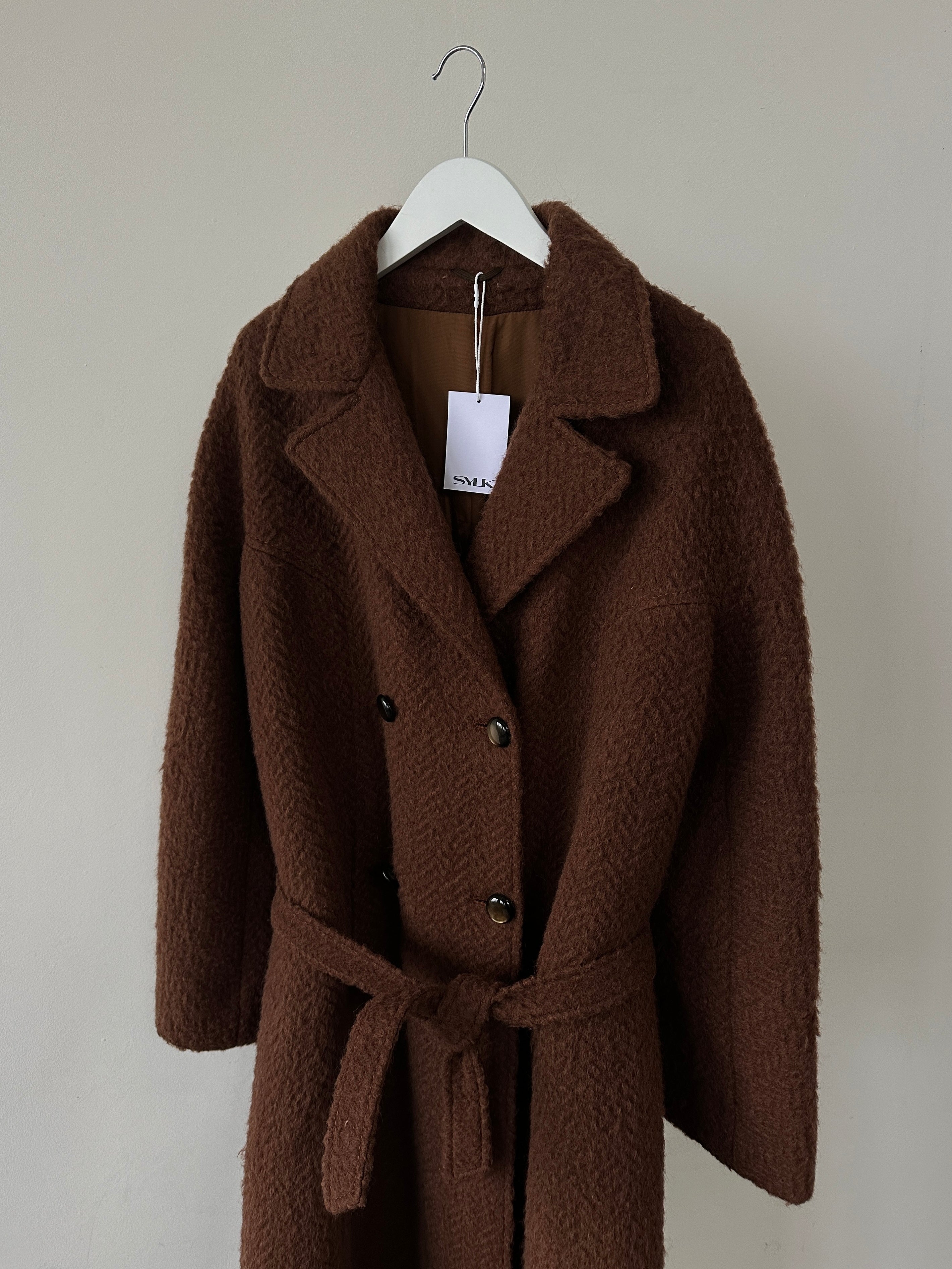 Italian vintage mohair wool double-breasted belted coat in S/M, featuring classic design and soft textured fabric.