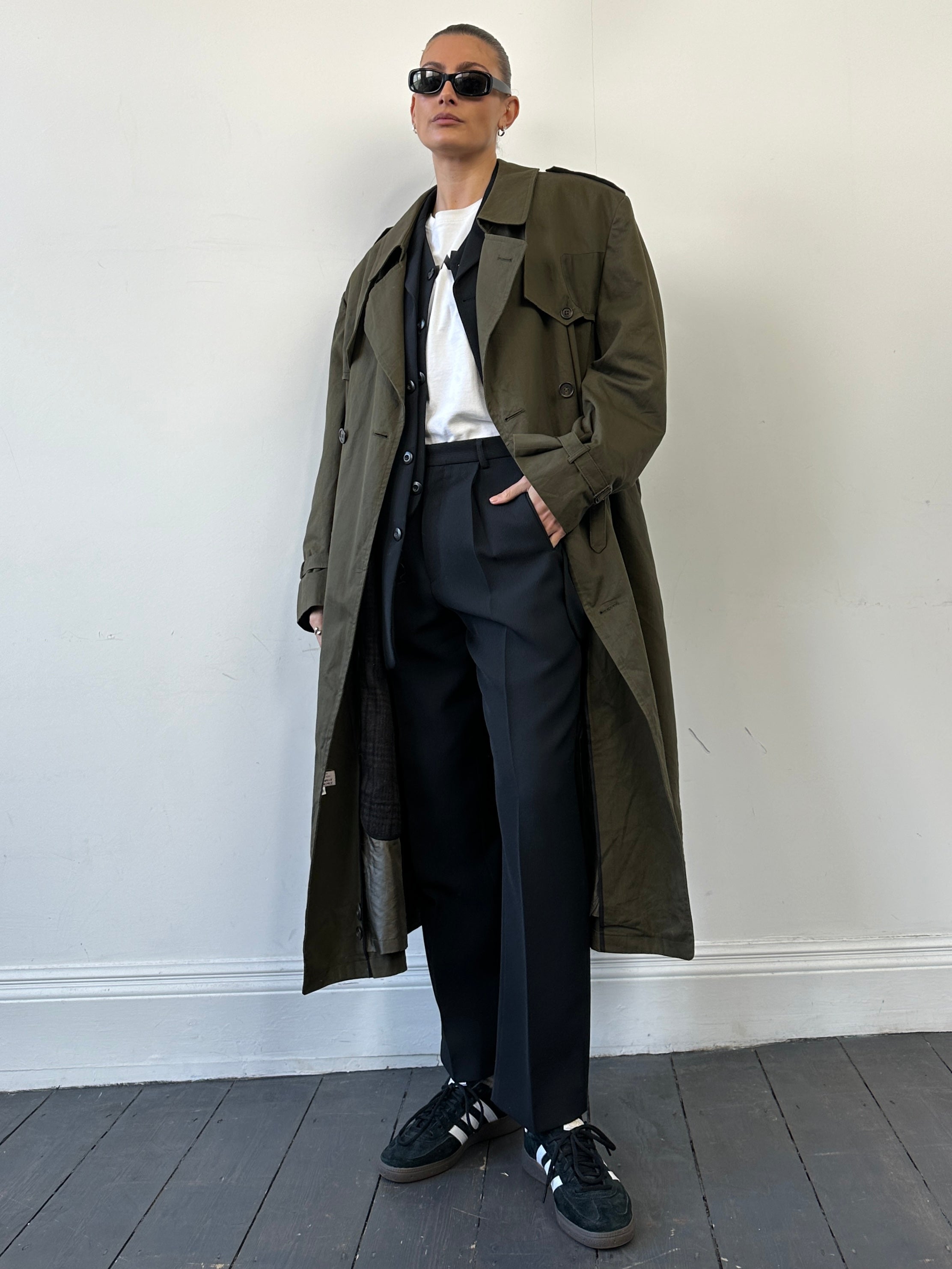 Christian Dior cotton double-breasted trench coat in XL, shown hanging with classic design and beige color.