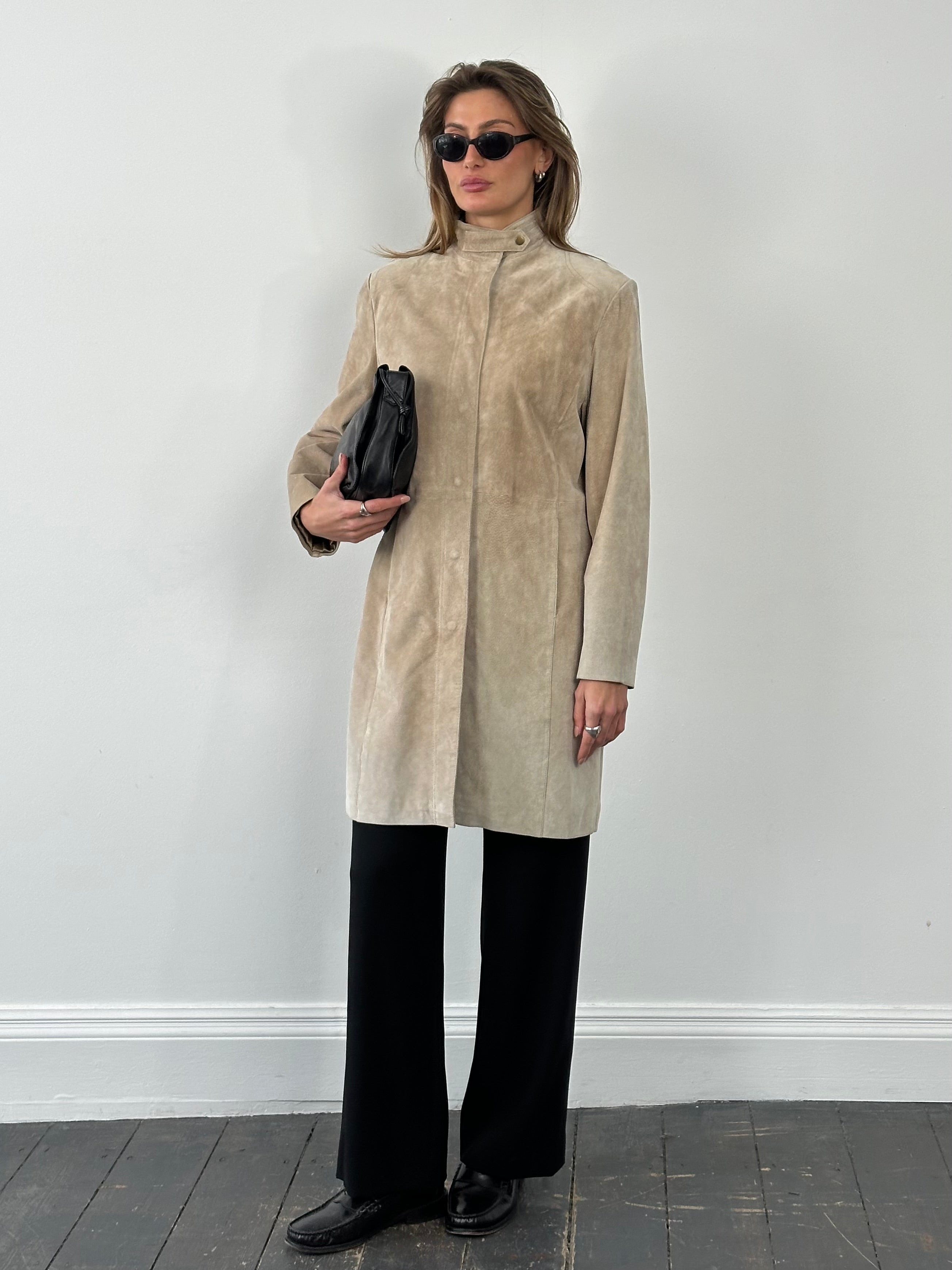 Vintage 1990s suede leather jacket with high neck and tailored fit, in size M, featuring classic retro style and rich leather texture.