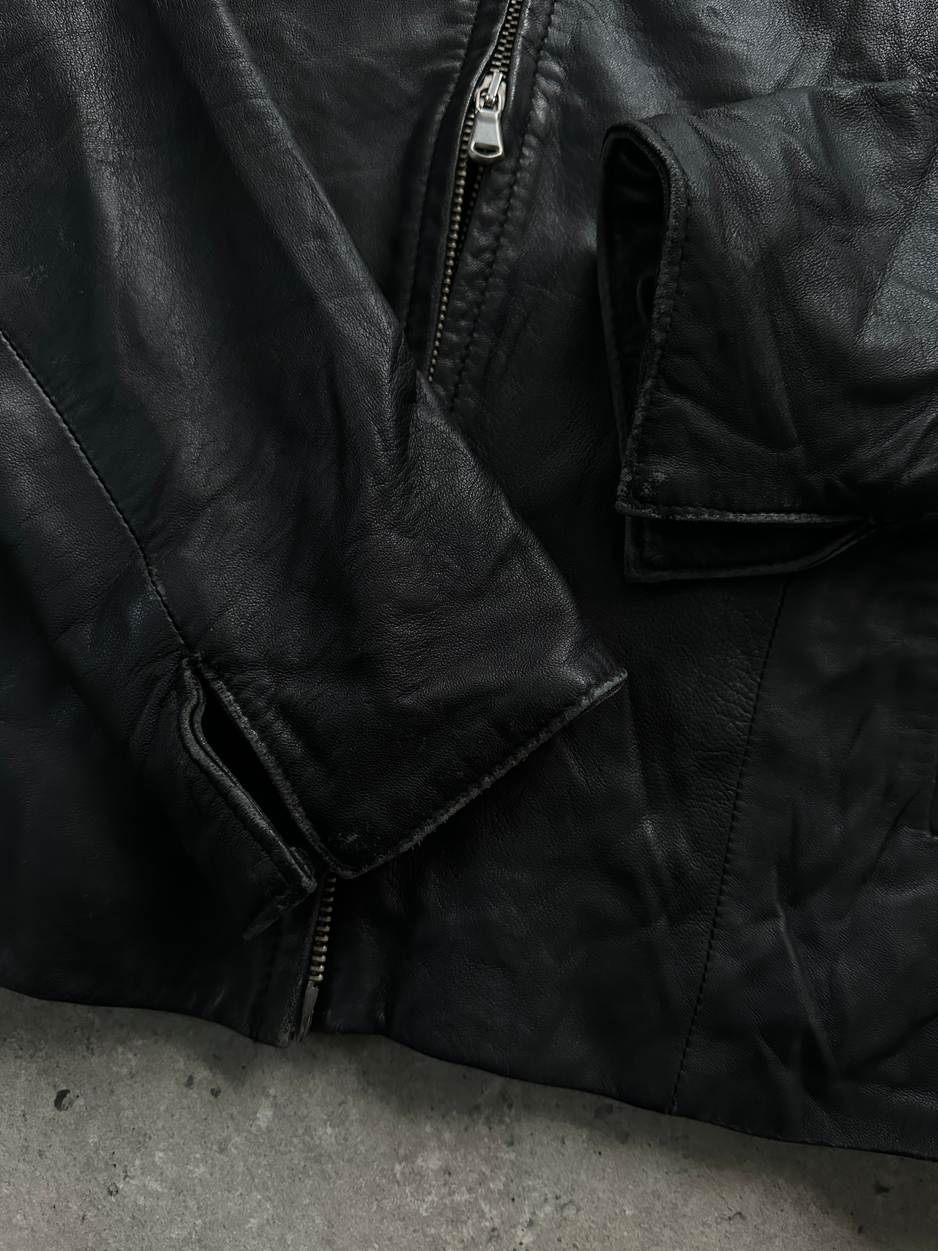 Vintage Italian high neck double zip leather jacket, stylish men's size S with classic design and rich leather texture.