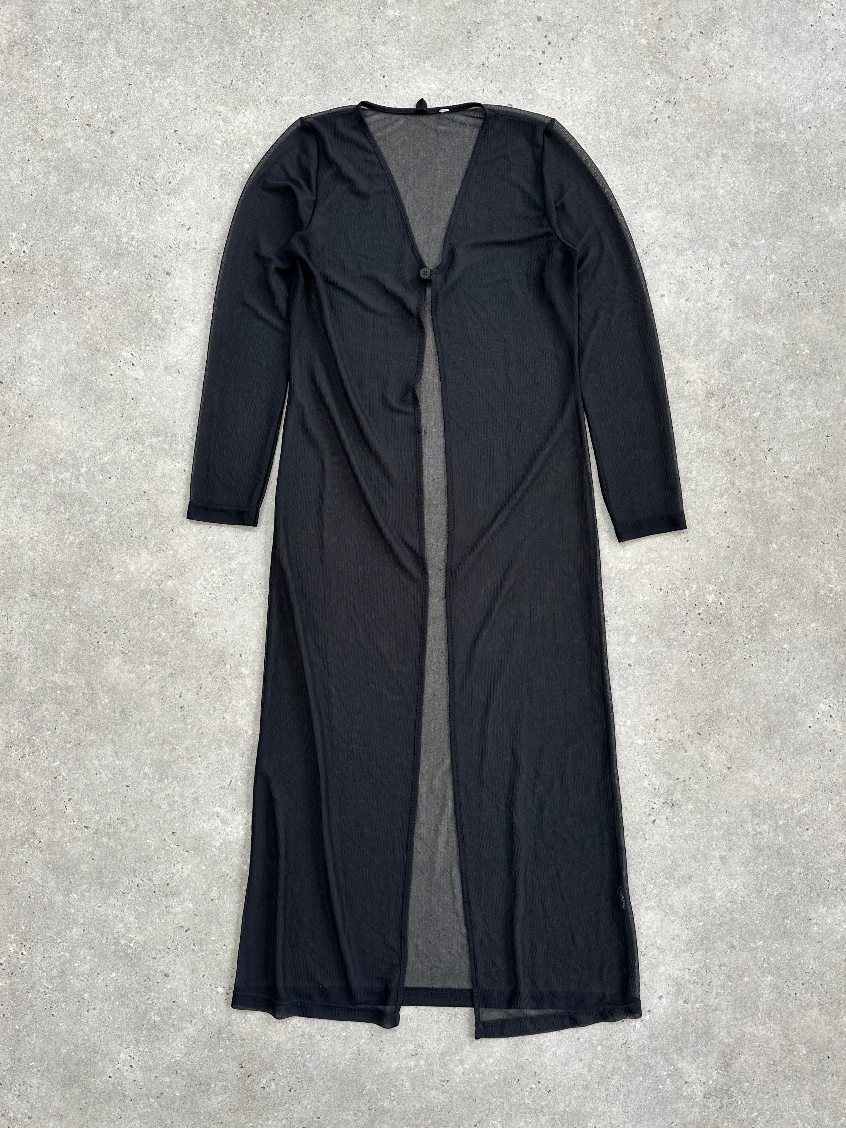 Vintage 2000s sheer floor-length cardigan in size S/M, featuring lightweight, transparent fabric and relaxed fit.