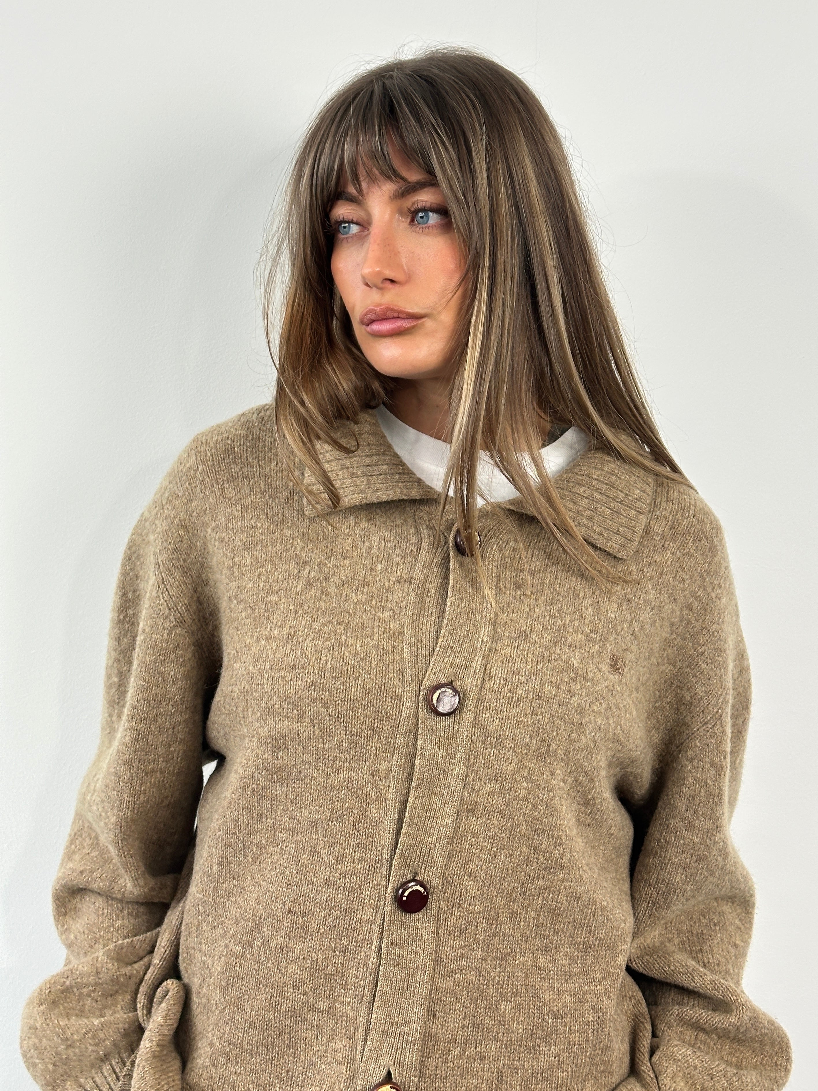 Burberry London 1990s wool knitted logo cardigan, XL size, featuring classic Burberry pattern and button closure.