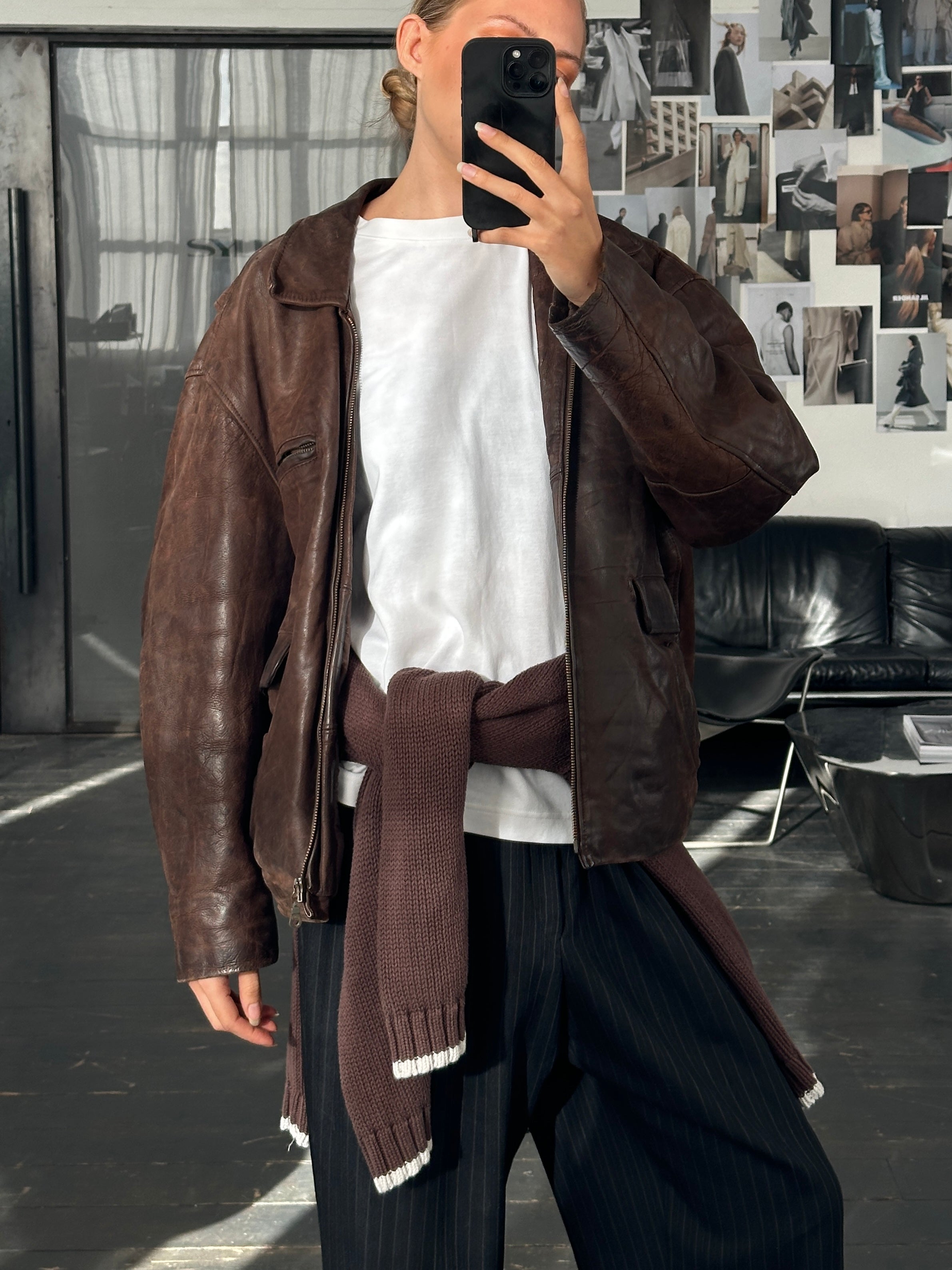 Vintage French 1980s boxy leather jacket in aged brown leather, size large, featuring classic vintage style.