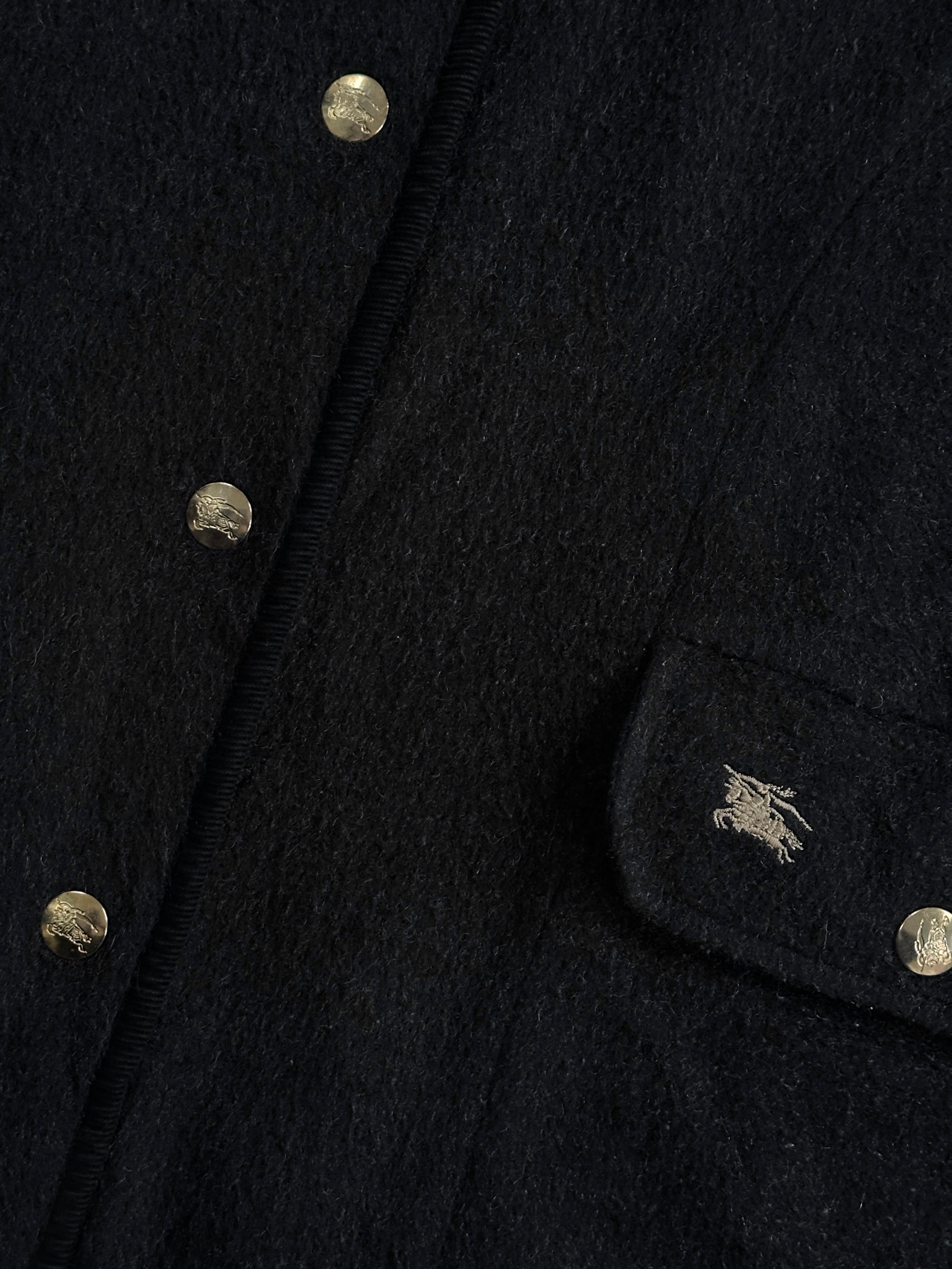 Burberry 1990s wool bespoke button hooded coat in XL, showcasing classic design with a hood and button details.