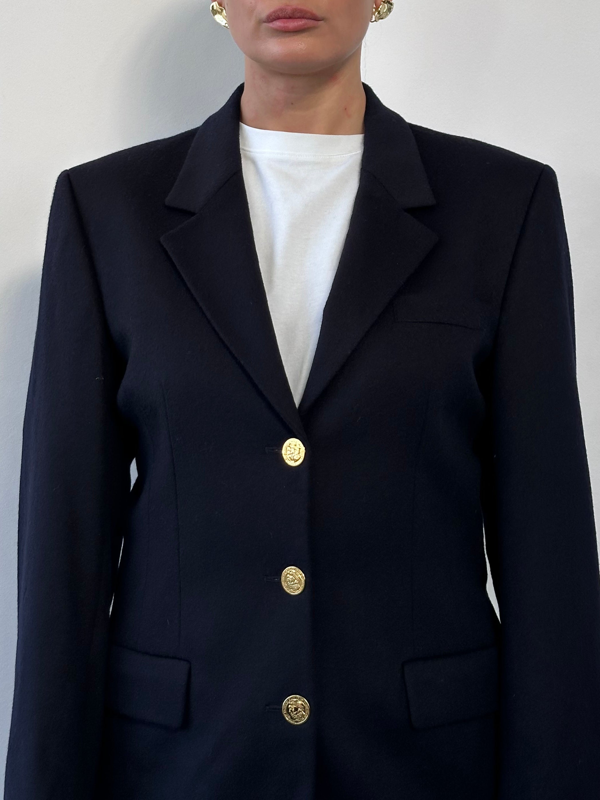 Vintage brushed wool and cashmere blazer with bespoke buttons, tailored in size 36R/S, featuring classic style and refined details.